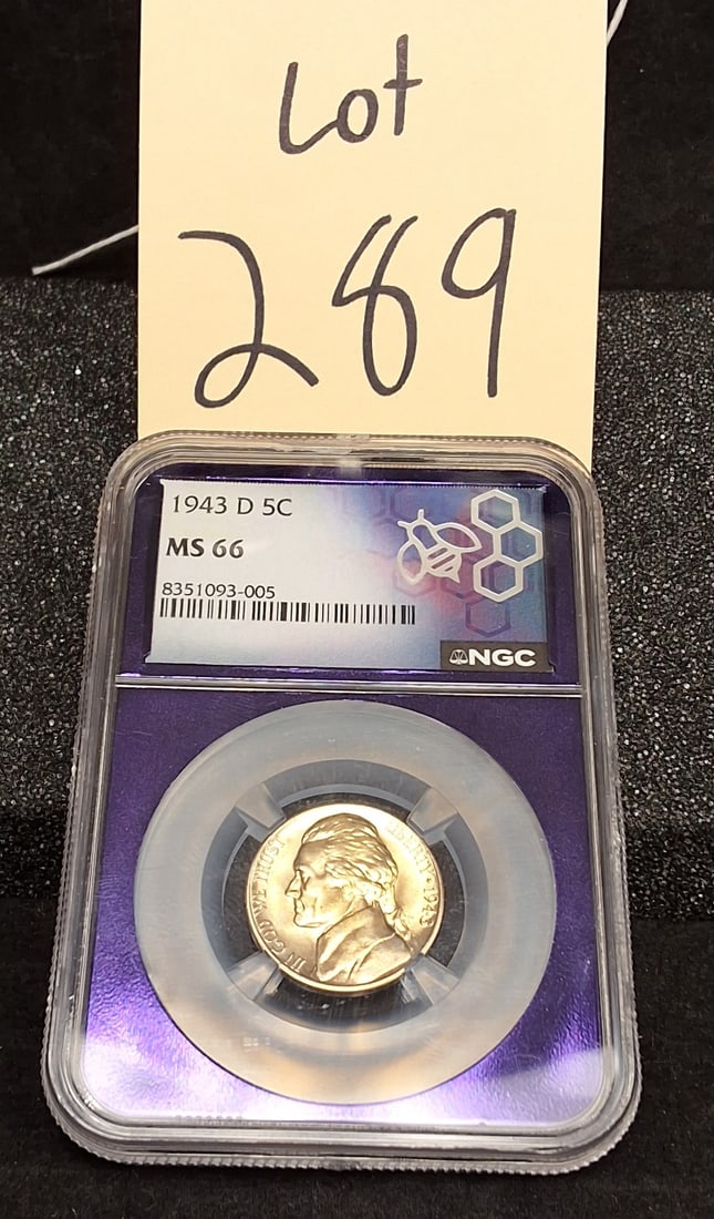 US 1943-D Five Cents, Silver, KM-192a, NGC MS 66: KM-192a. Designer: Felix Schlag. Mint mark: D (Denver). Design type: Jefferson obverse / Monticello reverse. Key identifiers: Large D mint mark positioned above the dome on the reverse; NGC serial