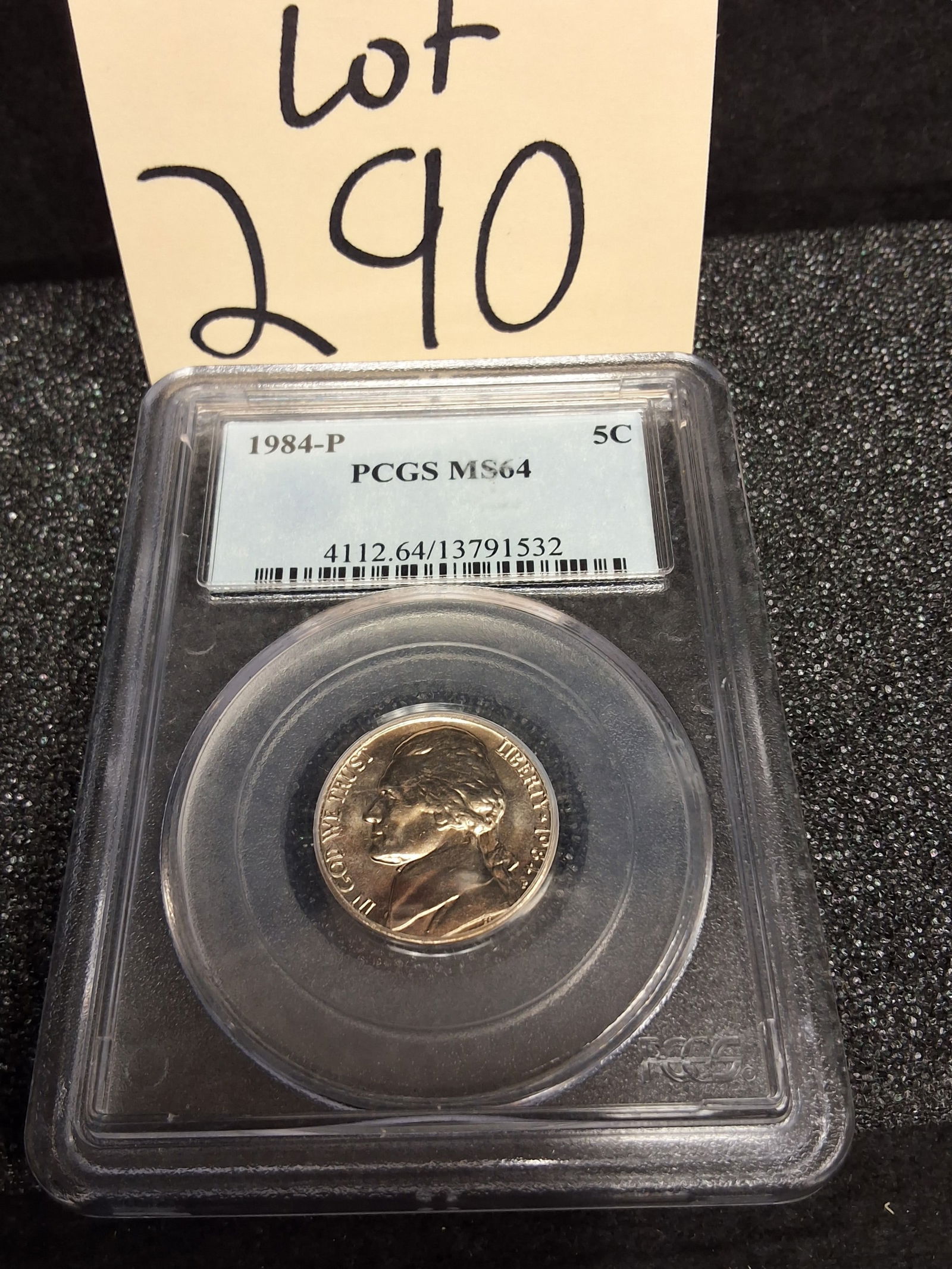US 1984-P Jefferson Nickel, Copper-Nickel, KM-A192, PCGS MS64: KM-A192. Designer: Felix Schlag. Mint mark P, Philadelphia. Jefferson / Monticello. PCGS certification number 13791532. Secondary barcode label XZ7WZMCH9X55U9. The 1984-P mintage of 746,769,000 makes