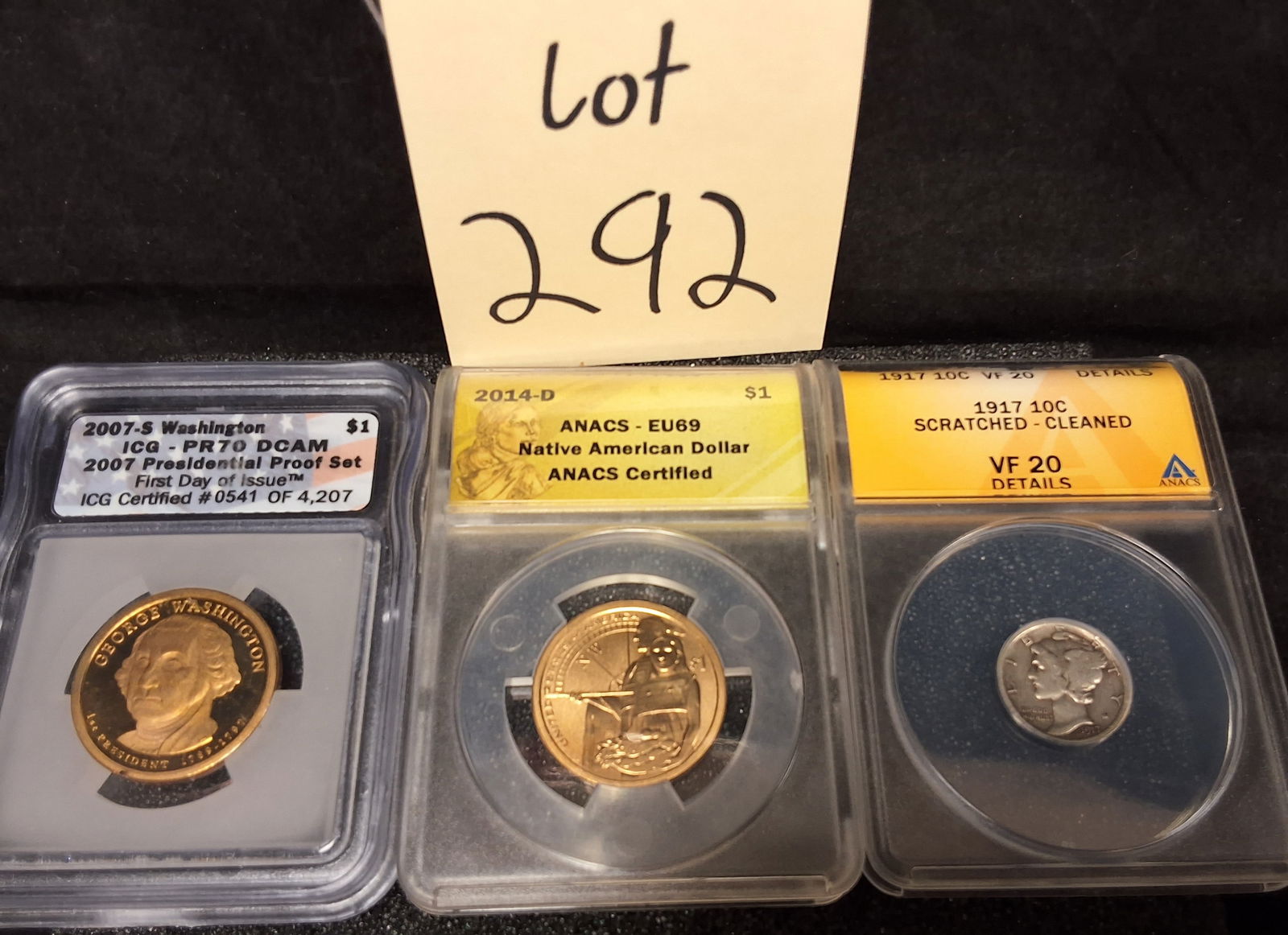 US 1917-2014 Three-Coin Lot, Silver and Base Metal, VF-PR70: Item 1: 2007-S George Washington Presidential Dollar. KM# 400. San Francisco Mint. Presidential Dollar obverse / Statue of Liberty reverse. Edge-incused inscriptions. ICG certified First Day of