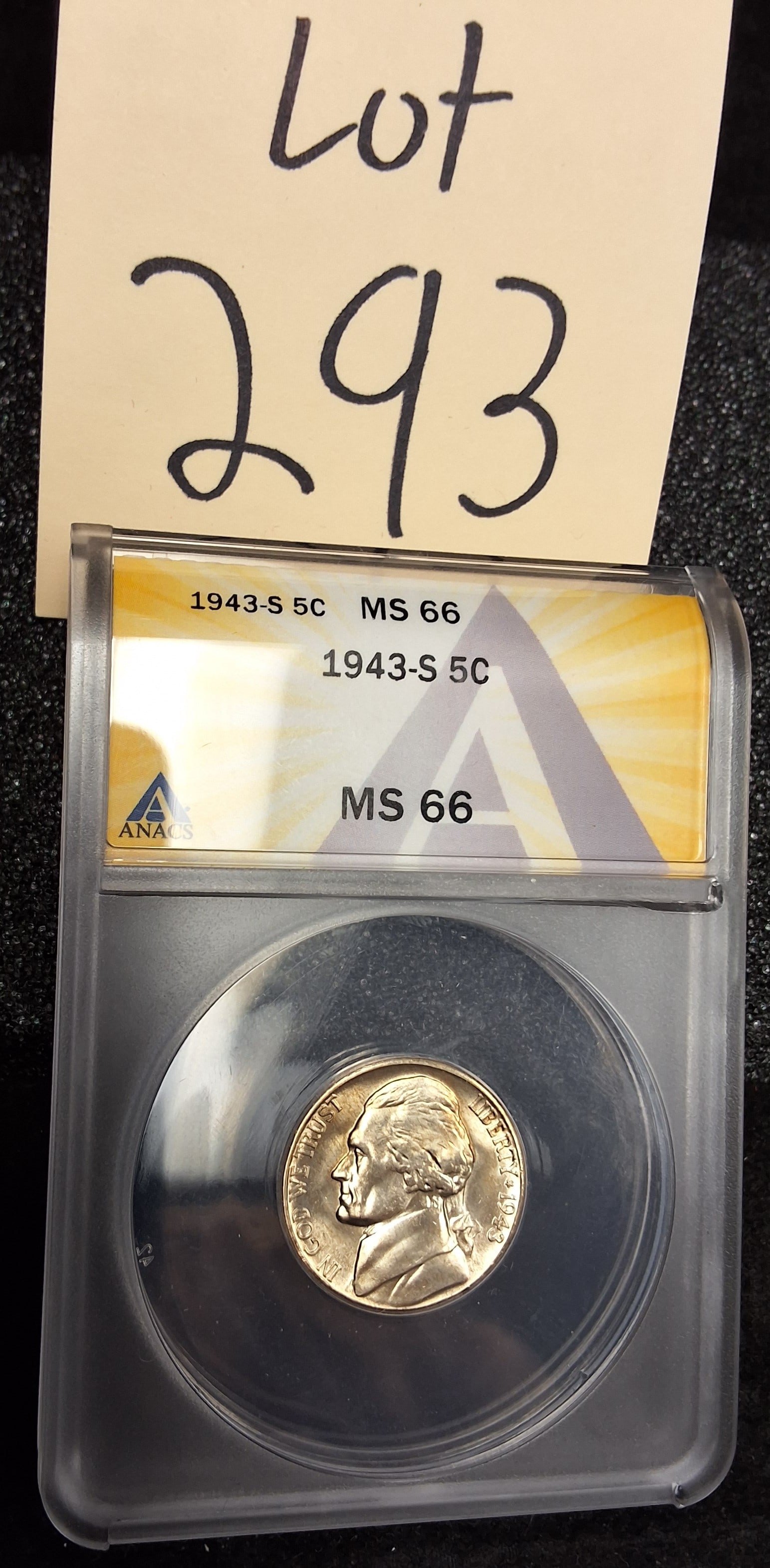 US 1943-S Five Cents, Silver, KM-192a, MS 66: Catalog Number: KM-192a. Designer: Felix Schlag. Mint Mark: S (San Francisco). Design Type: Jefferson / Monticello. Key Identifiers: Large S mint mark positioned above the dome of Monticello.