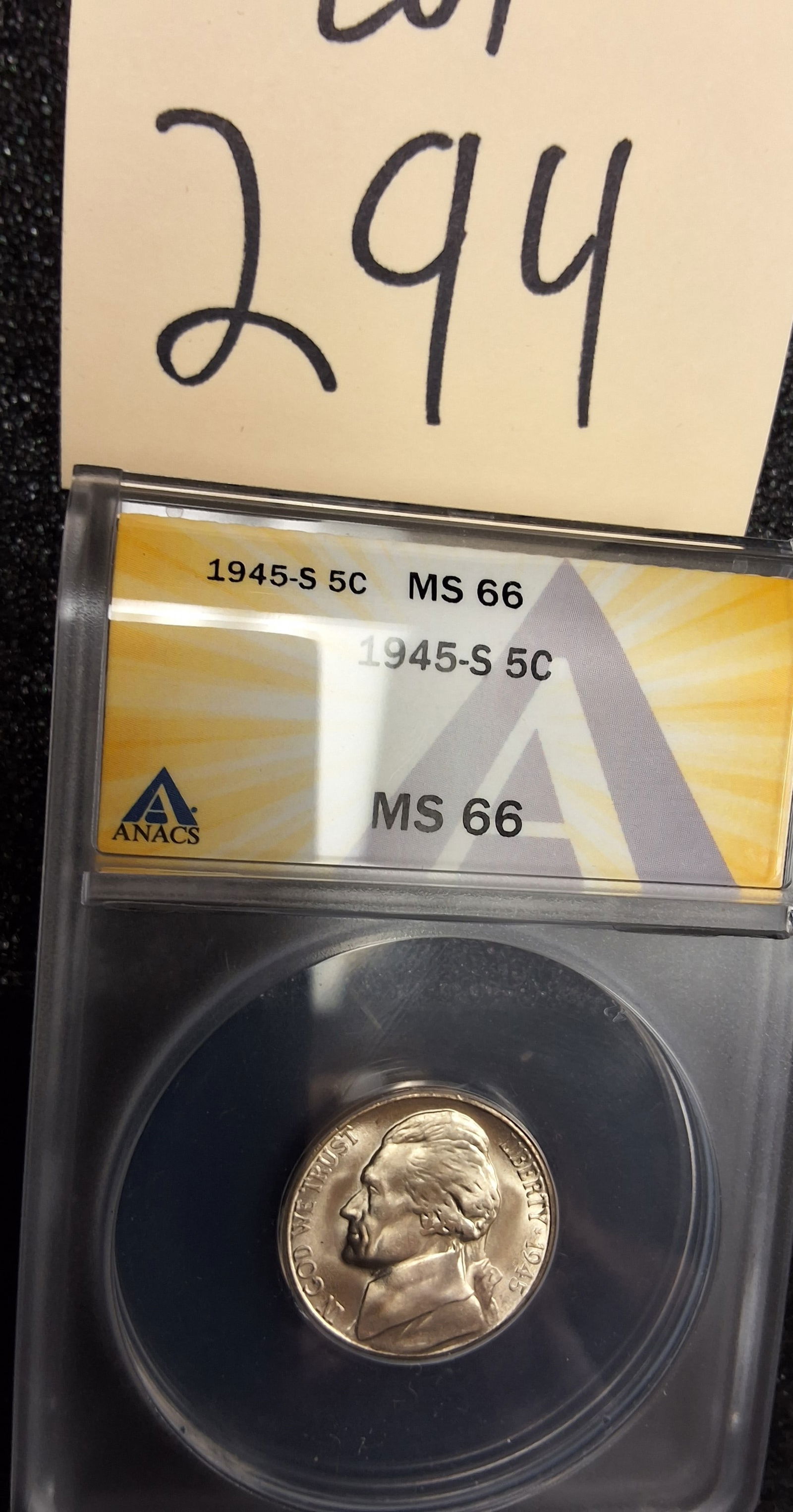 US 1945-S Five Cents, Silver, KM-192a, ANACS MS 66: KM-192a. Designer: Felix Schlag. Mint mark S for San Francisco. Jefferson obverse / Monticello reverse. This silver-composition alloy was utilized during World War II to conserve nickel for the war