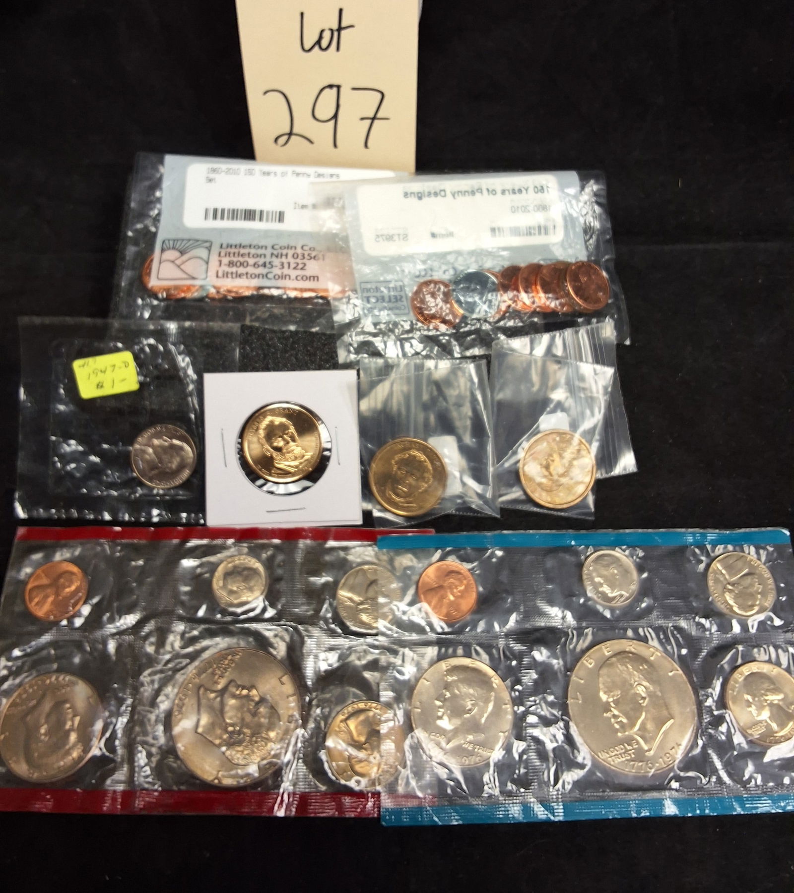 US 1947-2010 Mixed Coin Collection, Various Metals: A collection of United States coinage featuring two 1976 Bicentennial Uncirculated Mint Sets in original red and blue-bordered plastic film. Each set includes the dual-dated 1776-1976 Eisenhower