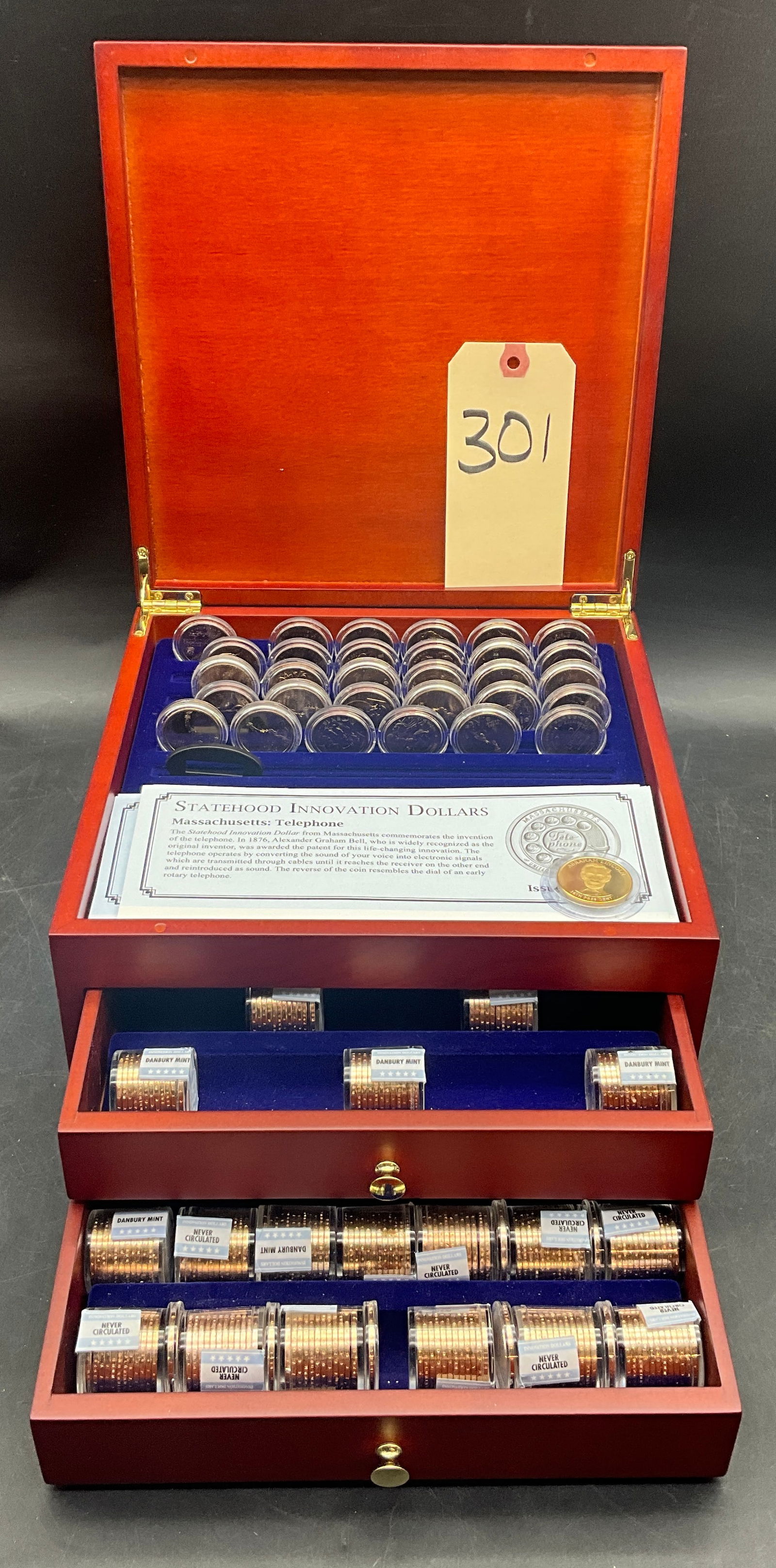 US 2019-2021 American Innovation Dollar Collection, Danbury Mint: A collection of US American Innovation Dollars featuring various reverse designs including Pennsylvania, South Carolina, and Texas. The coins exhibit incuse edge lettering with dates from 2019 to 2021