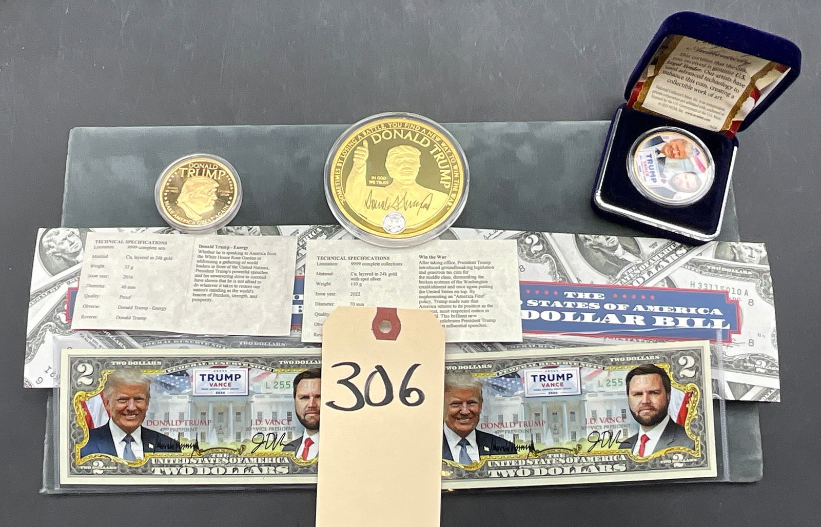 US 2016-2024 Mixed Denomination, Gold-layered Copper/Silver: This collection features National Collector's Mint private issues including colorized US $2 Federal Reserve Notes and gold-layered medals. The 2022 70mm medal contains spot silver as noted in the
