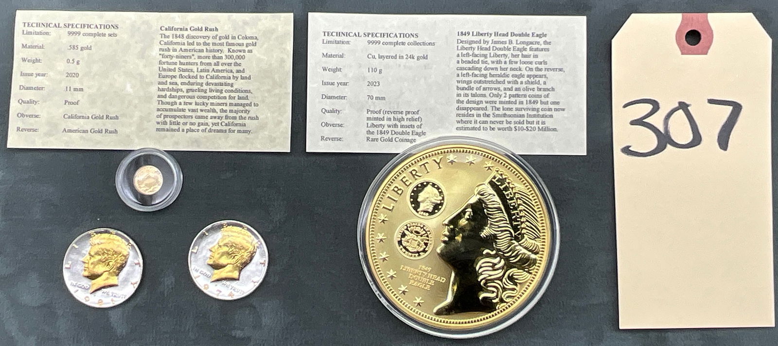 US 1974-2023, Kennedy Half Dollars and Commemorative Medals, Mixed Metals: This collection features a 1974-D and a 1981-S Kennedy half dollar with aftermarket gold-plated highlights. Included are a 2020 California Gold Rush medal struck in .585 gold and a 2023 copper medal l