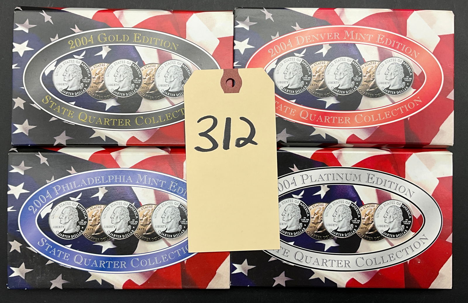 US 2004 State Quarter Collection, Copper-Nickel Clad: This collection consists of four 5-coin sets of 2004 State Quarters including the Philadelphia Mint (P mint mark), Denver Mint (D mint mark), 24k gold-plated, and platinum-plated editions. Each set co