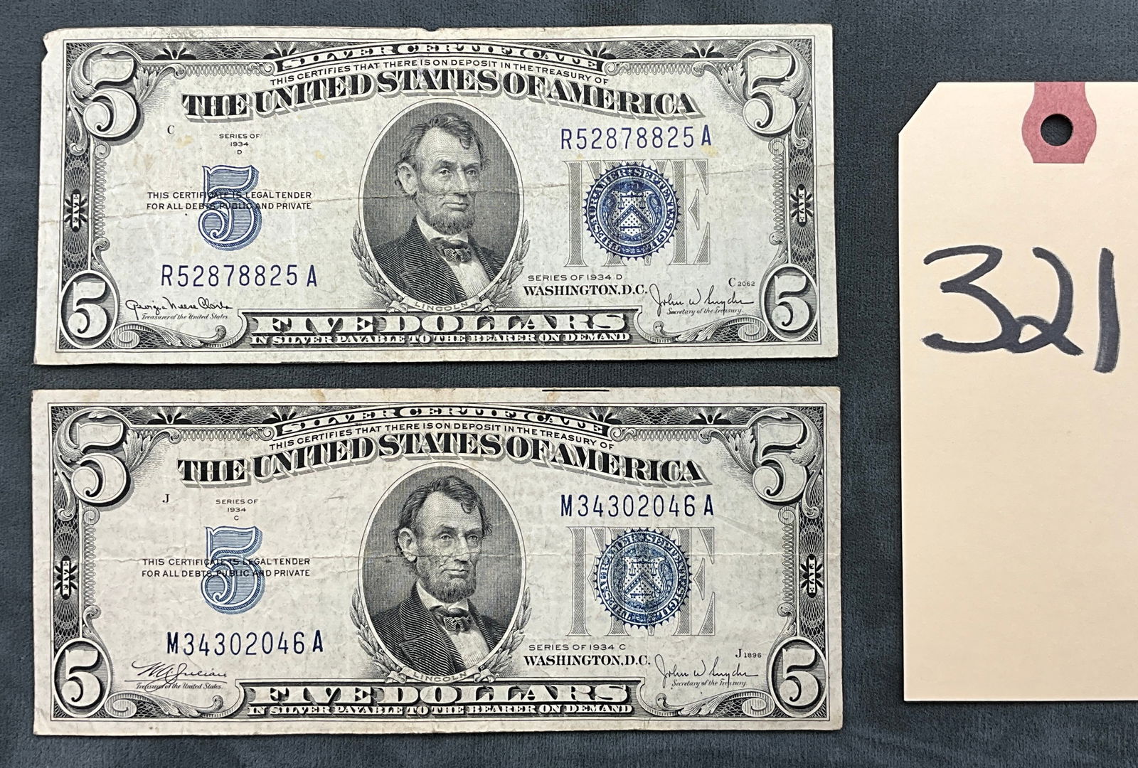 US 1934 C and 1934 D $5 Silver Certificates, Paper, Fr. 1653 and 1654 (1 of 3)