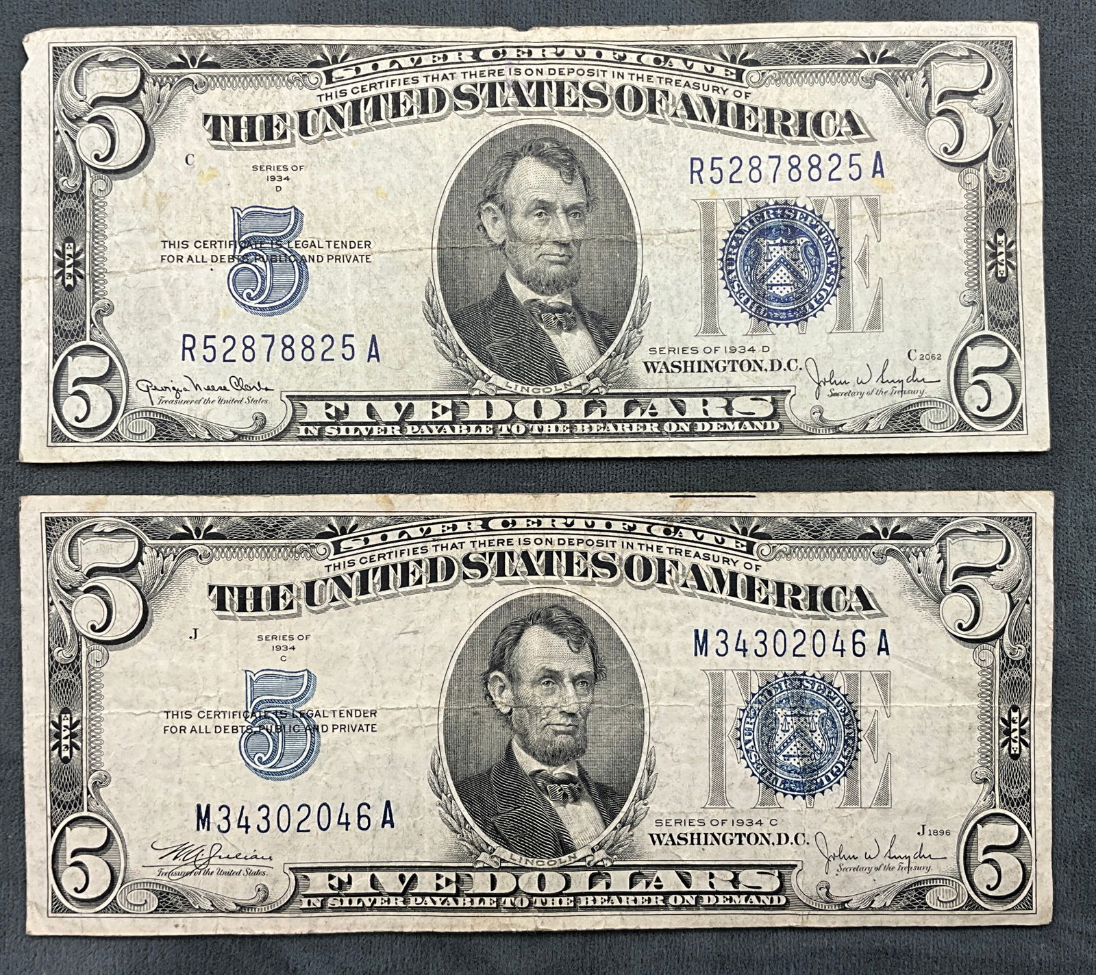 US 1934 C and 1934 D $5 Silver Certificates, Paper, Fr. 1653 and 1654 - 2