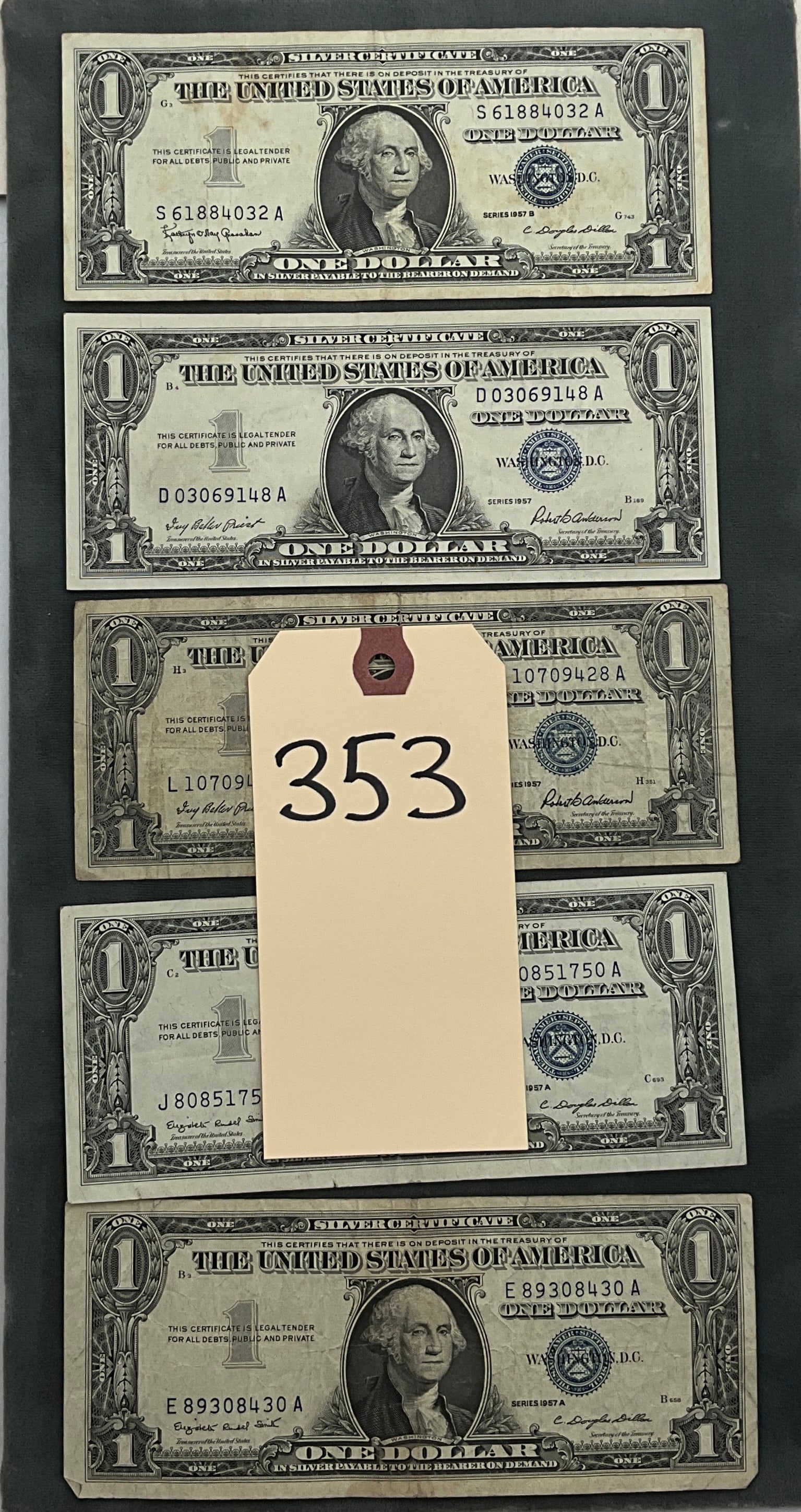 US 1957-1957B $1 Silver Certificates, Fr. 1619-1621, Group of 5: This group includes five US $1 silver certificates, Friedberg 1619, 1620, and 1621, featuring the Washington / Great Seal design type. Key identifiers include signatures of Priest-Anderson,