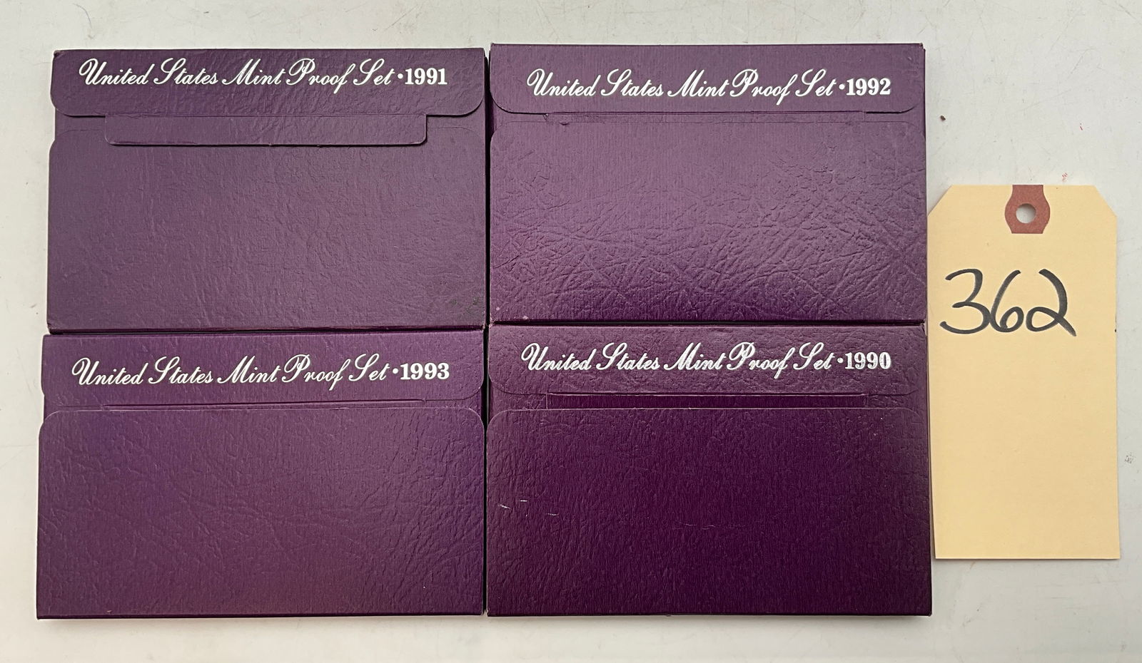 US 1990-1993 Proof Sets, Base Metal: This lot consists of four United States Mint Proof Sets dated 1990, 1991, 1992, and 1993. Each set contains Lincoln, Jefferson, Roosevelt, Washington, and Kennedy denominations with the S mint mark fr