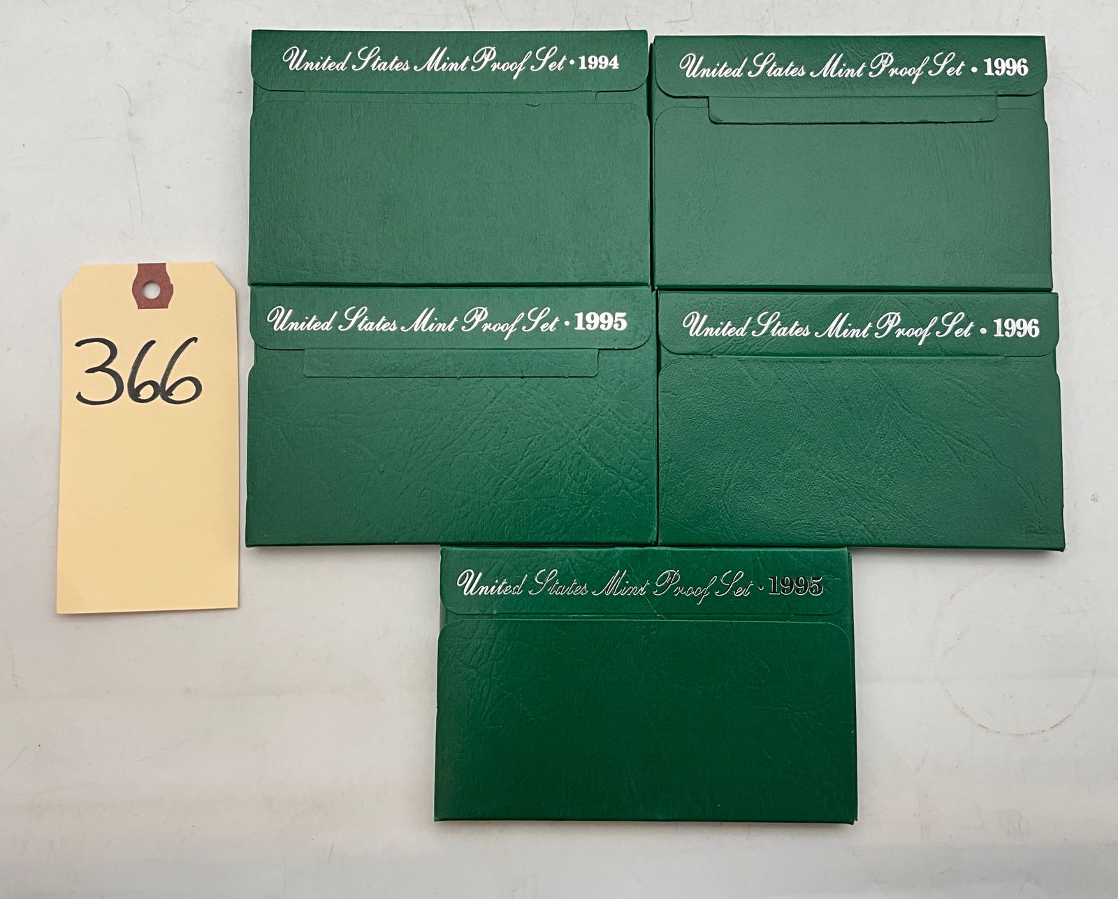 US 1994-1996 Proof Coin Sets, Clad, S Mint: This lot contains a collection of US Mint Proof Sets with dates 1994, 1995, and 1996, all featuring the S mint mark from the San Francisco Mint. Each set includes a Lincoln Memorial cent, Jefferson ni