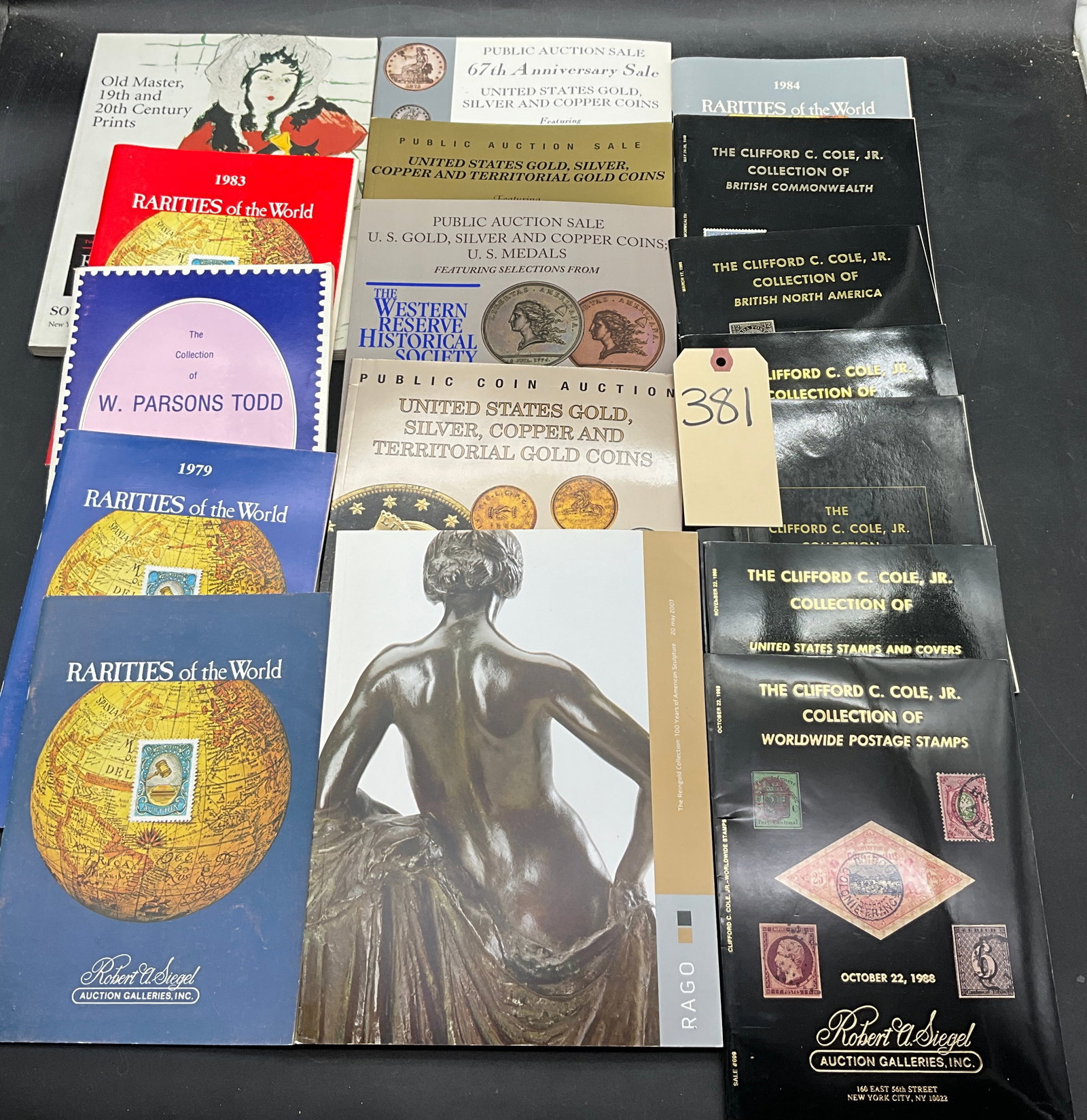 US and Worldwide Philatelic and Numismatic Auction Catalogs, Siegel and Stack's: This assembly of auction catalogs features several Robert A. Siegel Rarities of the World and Clifford C. Cole, Jr. Collection volumes illustrating high dollar items like the Switzerland 1843 5c Port
