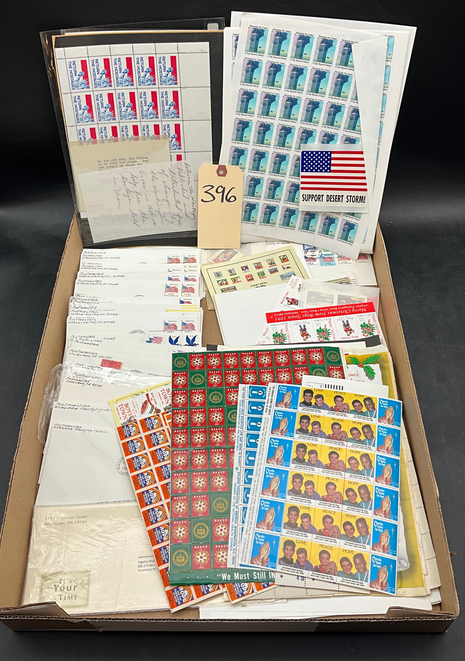 US 1943-1997 Philatelic Collection, Charity Seals, Covers, and 32c Postage: This lot comprises a diverse collection of US philatelic materials, including commemorative charity seals, patriotic labels, and first-class postage. Key items include 1943 Czechoslovak Information Se