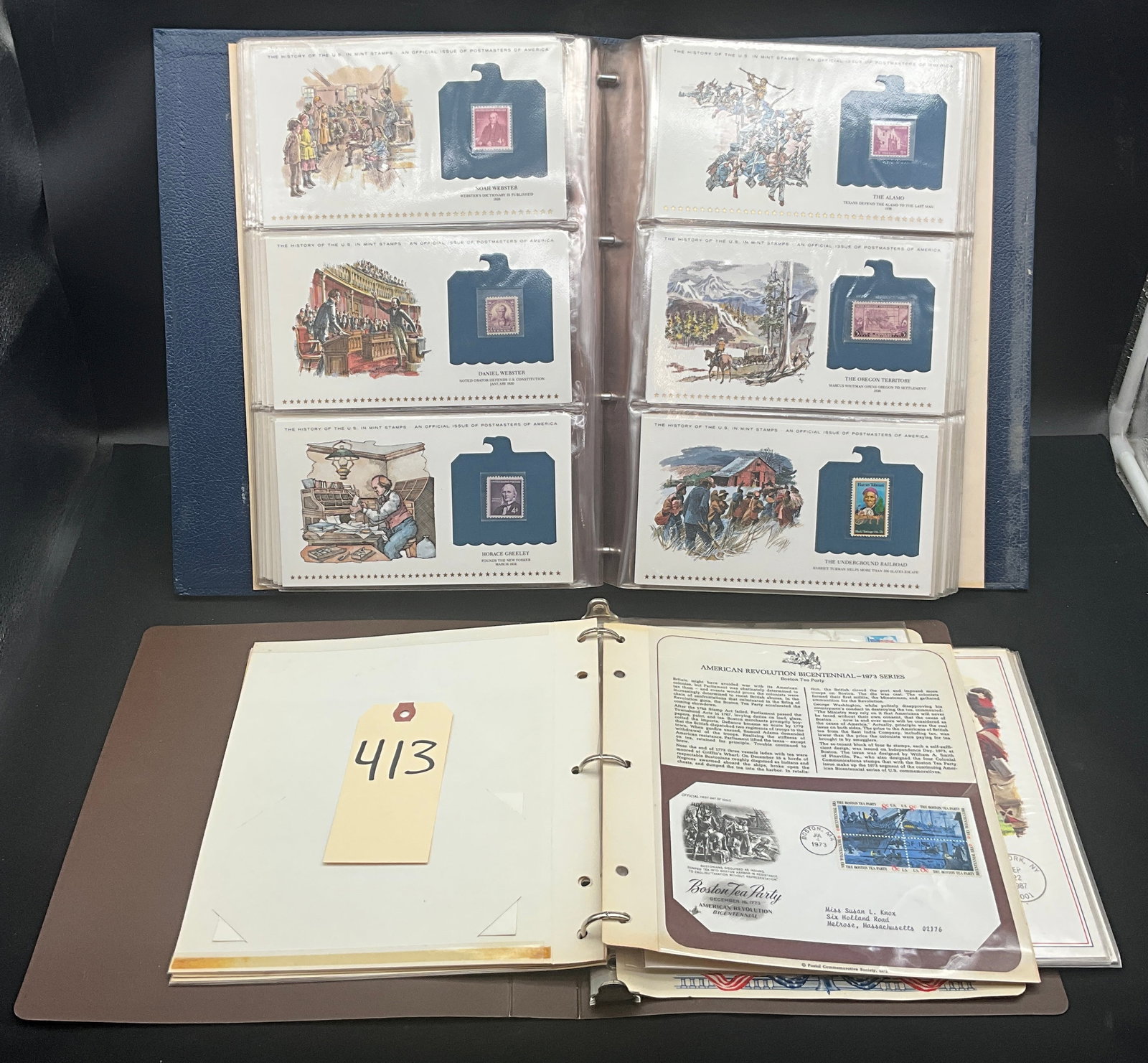 US Postmasters of America The History of the U.S. in Mint Stamps Collection: This collection features multiple binders of philatelic commemorative panels from the Postmasters of America and Postal Commemorative Society series. Each panel contains genuine US mint stamps with de