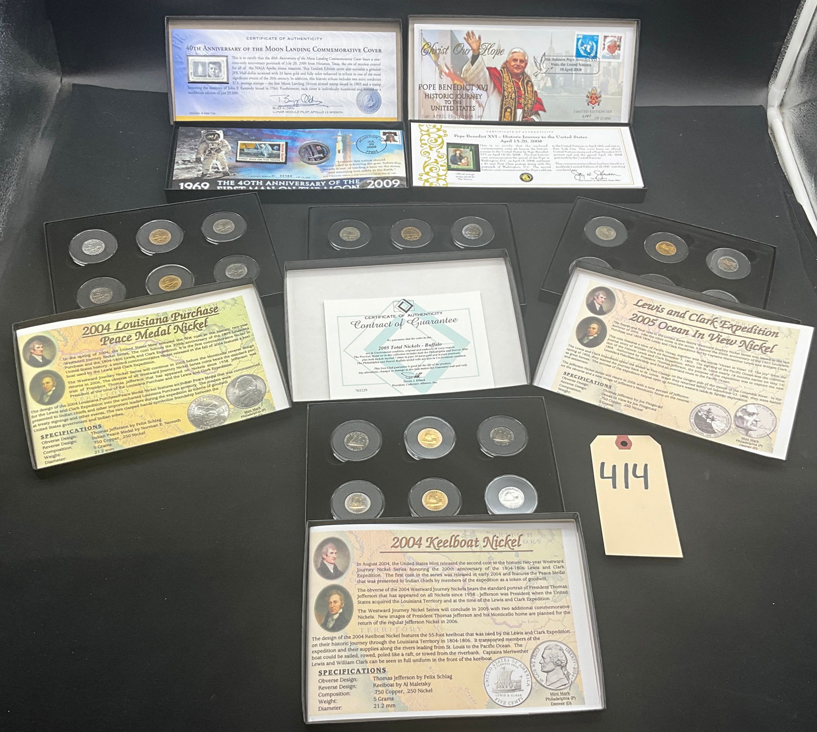 US Commemorative Cover and Westward Journey Nickel Collection, 2004-2009: This collection features The Franklin Mint 40th Anniversary of the Moon Landing commemorative cover and the Pope Benedict XVI 2008 US visit set. Included are four Collectors Alliance Westward Journey