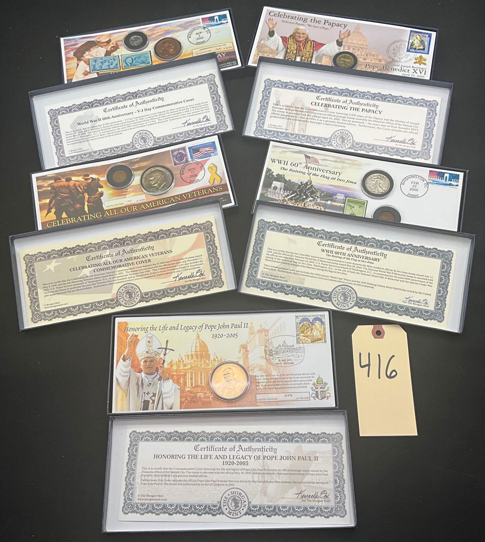 US and VA 2005 Commemorative Coin and Stamp Cover Collection, Mixed Metals: This collection features five philatelic numismatic covers from The Morgan Mint commemorating WWII, American veterans, and the papacies of John Paul II and Benedict XVI. A key item is the 1945 Walking