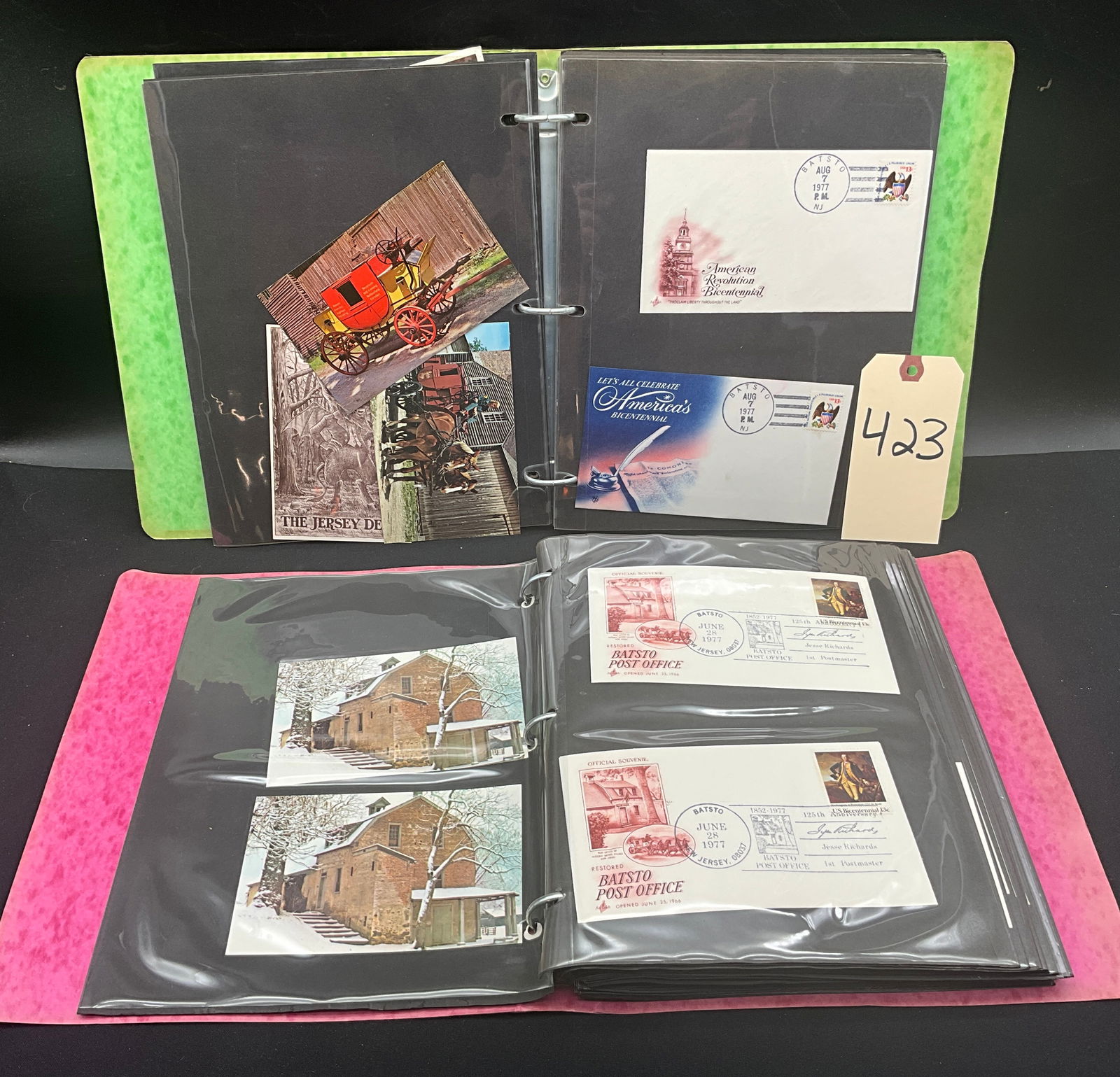Batsto New Jersey History and American Bicentennial Philatelic Collection, 1976-1978: This collection features two binders of philatelic covers and postcards documenting the American Revolution Bicentennial and the historic Batsto Post Office in New Jersey. Key items include Official