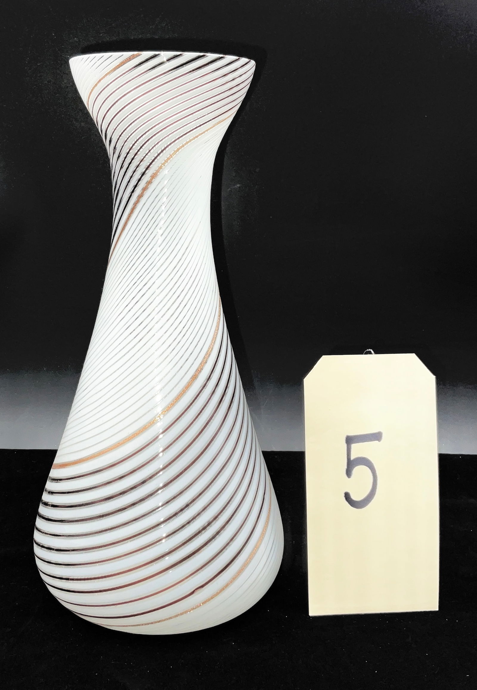 Dino Martens for Aureliano Toso, Mezza Filigrana, Murano Glass Vase: This mid-century Murano glass vase was designed by Dino Martens for Aureliano Toso using the mezza filigrana technique. The hand-blown vessel features an opaque white core decorated with spiraling can