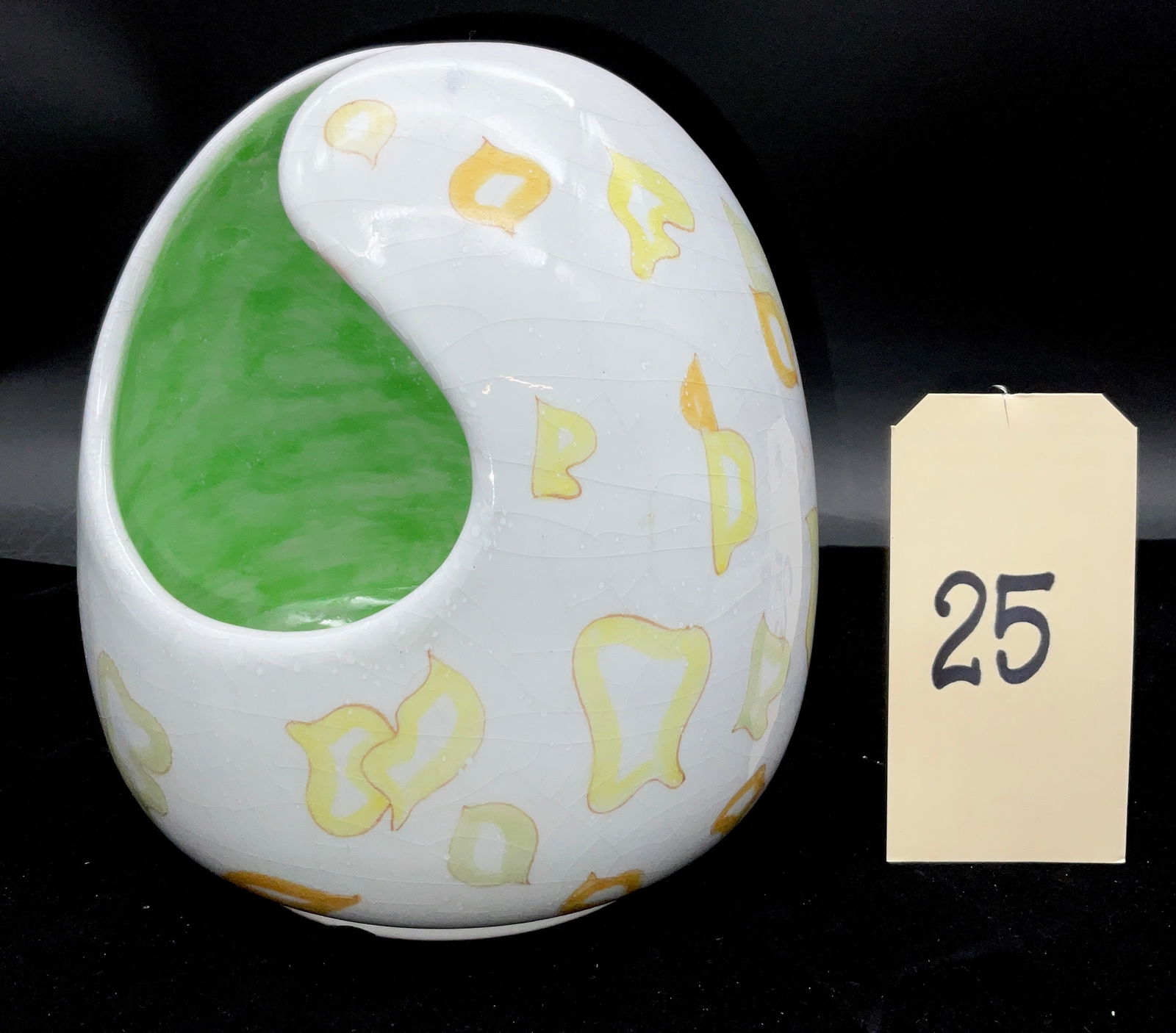 Ernestine Mid-Century Modern Italian Maiolica Sculptural Vessel: This mid-century modern sculptural ceramic vessel was produced by Ernestine in Salerno Italy. The hand-painted maiolica piece features an asymmetrical teardrop form with an integrated handle, decorate