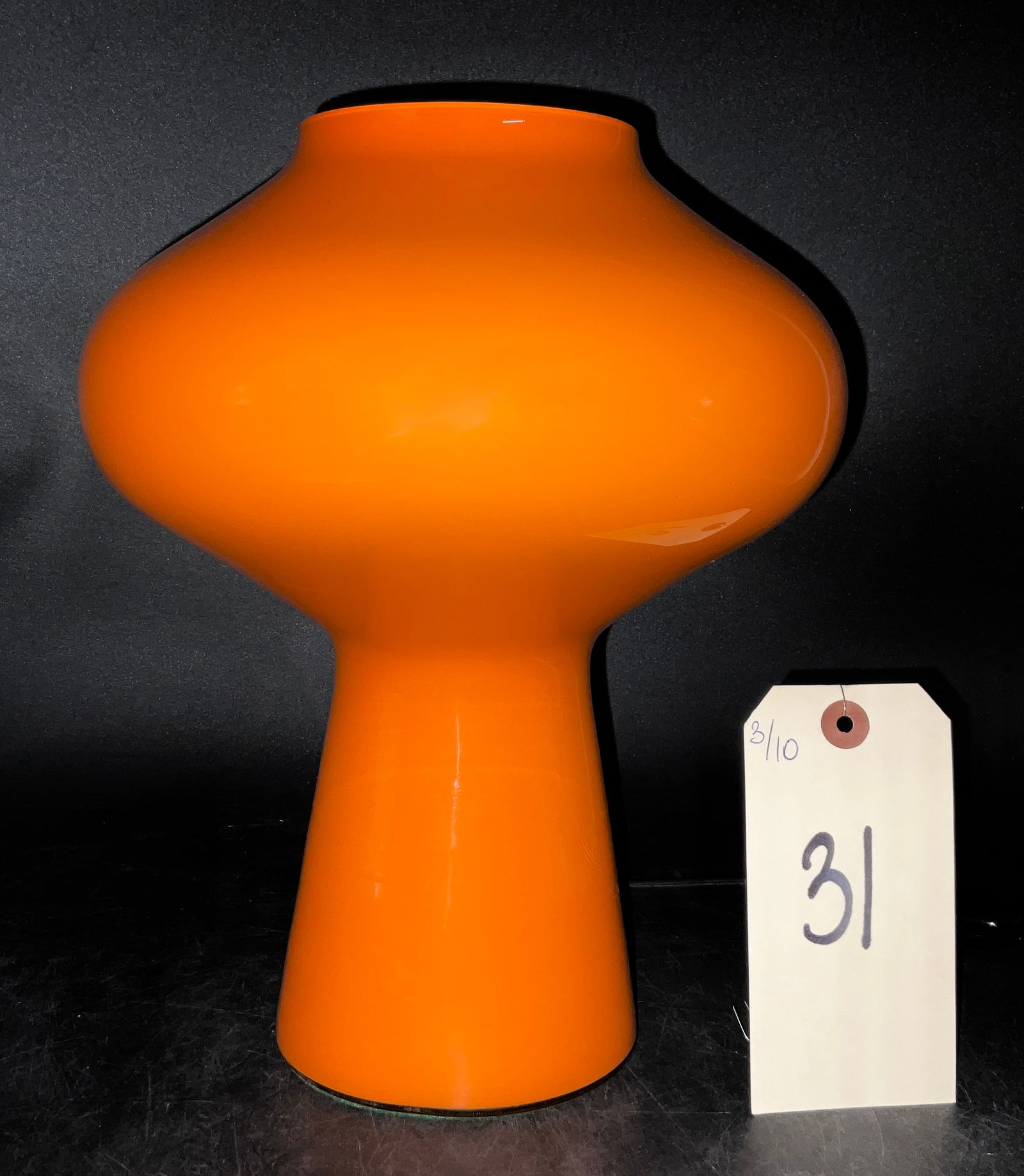 Massimo Vignelli for Venini Orange Cased Glass Fungo Table Lamp: This Mid-Century Modern Fungo table lamp was designed by Massimo Vignelli for Venini circa 1950. The mushroom-form body is crafted from hand-blown cased glass using the traditional Italian incamiciato
