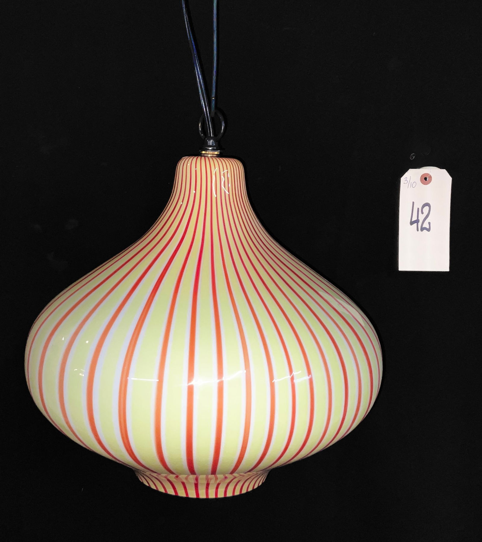 Murano Mid-Century Modern Striped Glass Cipolla Pendant Light: This hand-blown Murano glass pendant light features a classic onion-shaped Cipolla silhouette with vibrant vertical orange and red stripes over a pale yellow ground. The fixture retains a partial vint