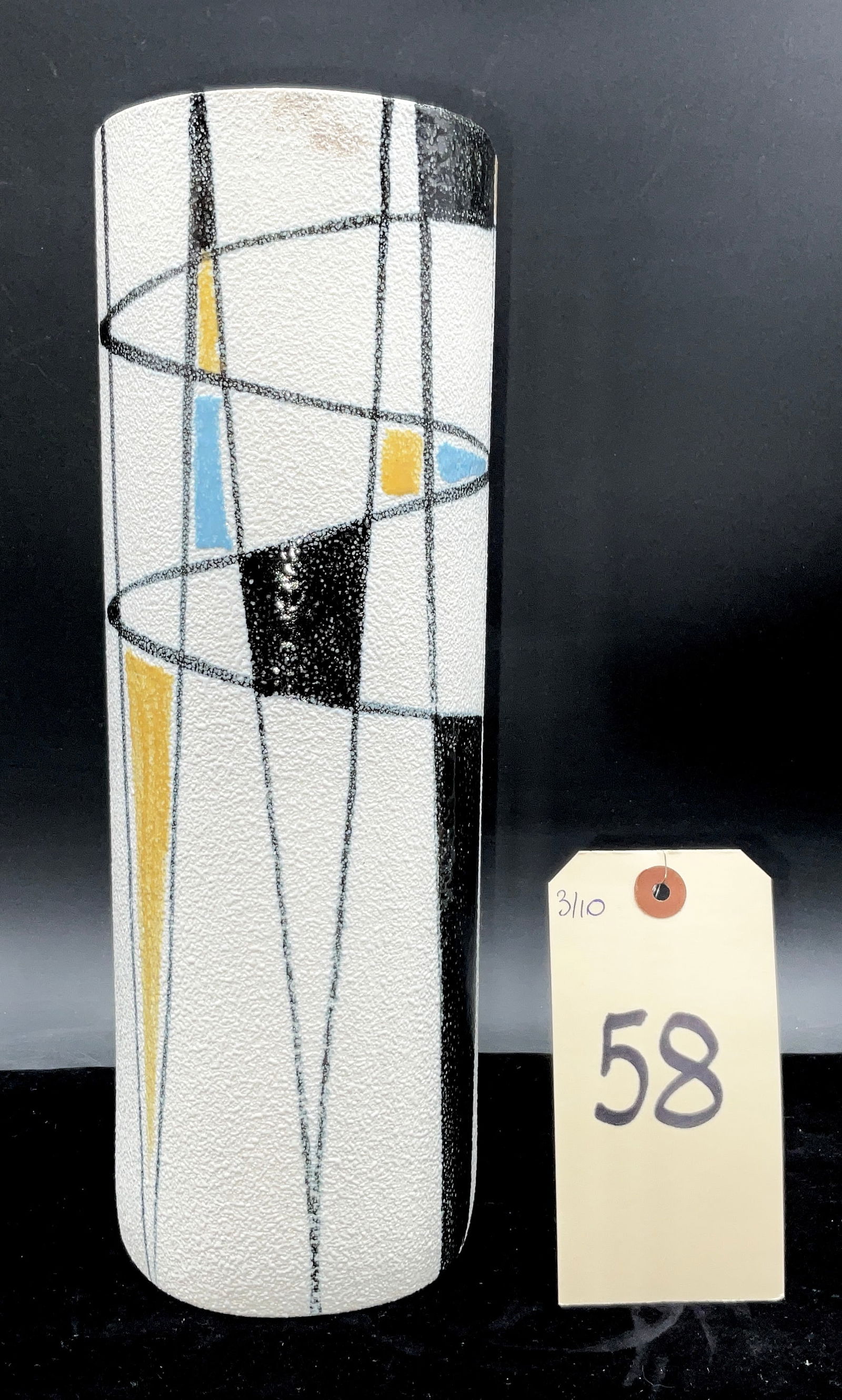 Unmarked Ceramic Abstract Vase, Mid-Century Modern Pottery: This pottery vase features a tall, flattened cylindrical form with an oval cross-section. The exterior is finished in a heavily textured white pebble-style fat lava glaze decorated with an abstract at