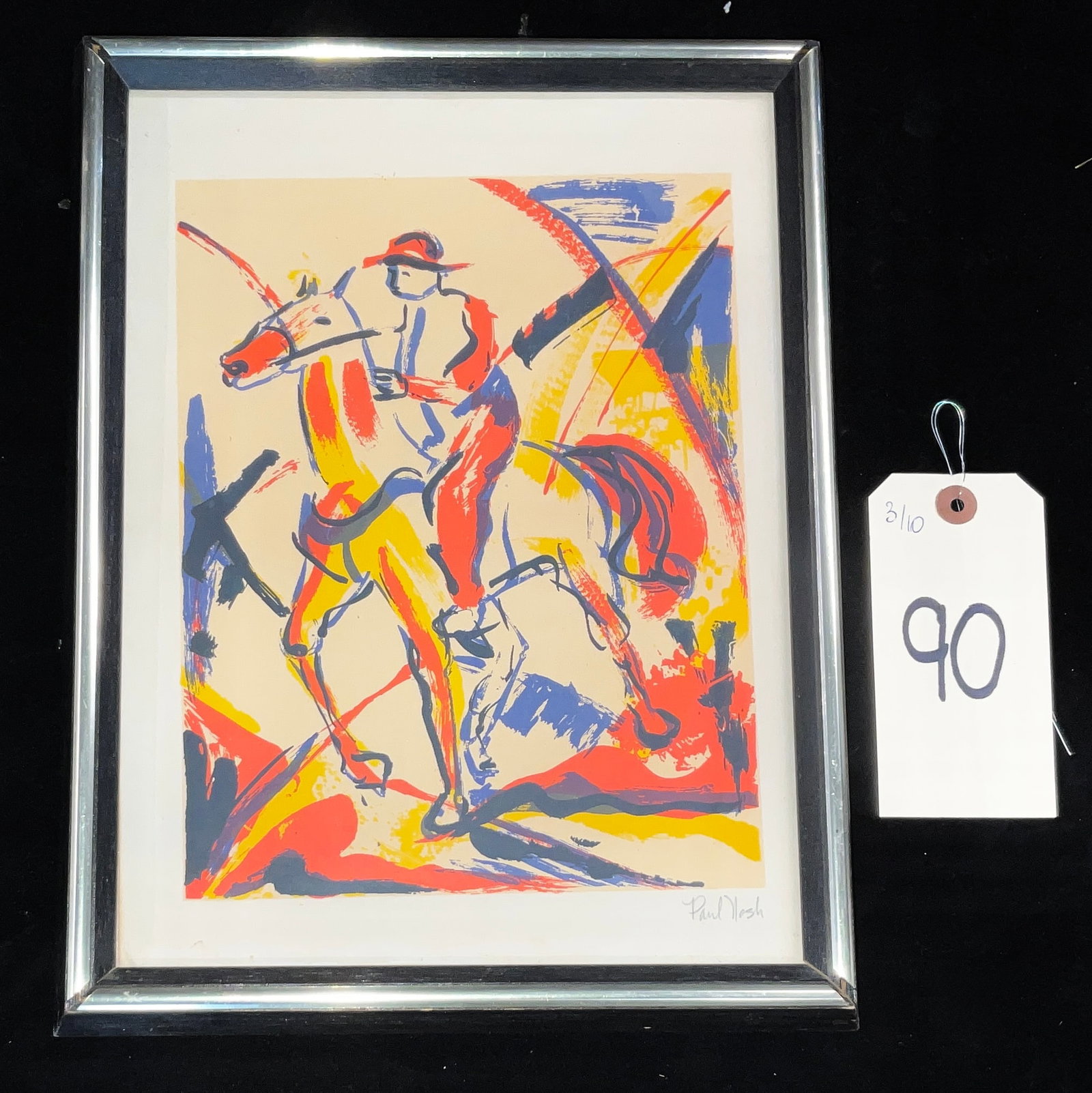 Paul Nash, 'Horse Racing', Screenprint: This screenprint by Paul Nash depicts a figure on horseback in an expressionistic style with vibrant primary colors and bold black outlines. The work is hand-signed in pencil by the artist in the lowe