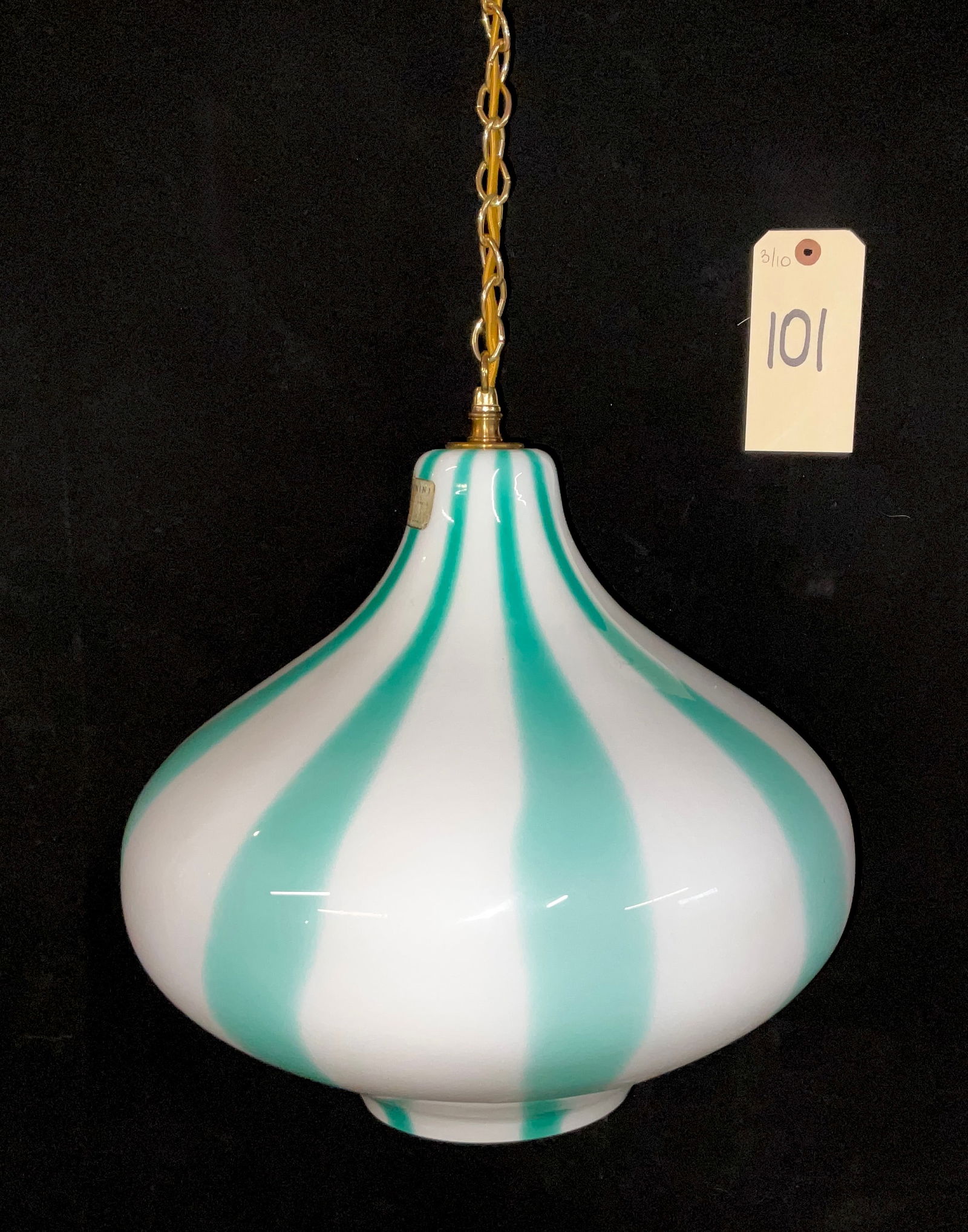 Massimo Vignelli for Venini, 'A Fasce Verticale' Pendant Lamp: This mid-century modern pendant lamp features a hand-blown Murano glass shade in the a canne technique with alternating aqua green and white vertical stripes. Designed by Massimo Vignelli, the bulbous