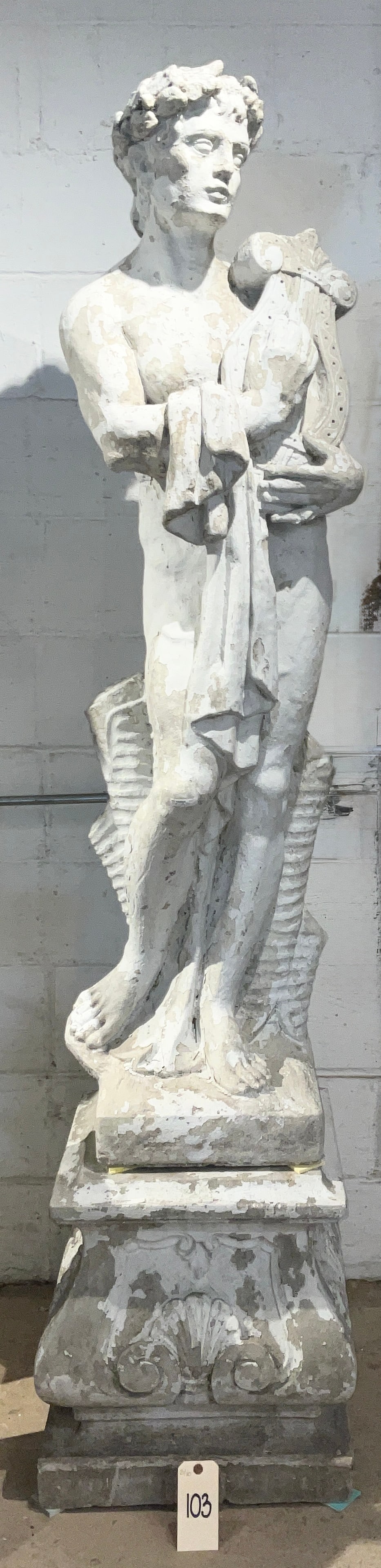 Classical Style Concrete Garden Statue of Apollo with Lyre on Pedestal (1 of 3)