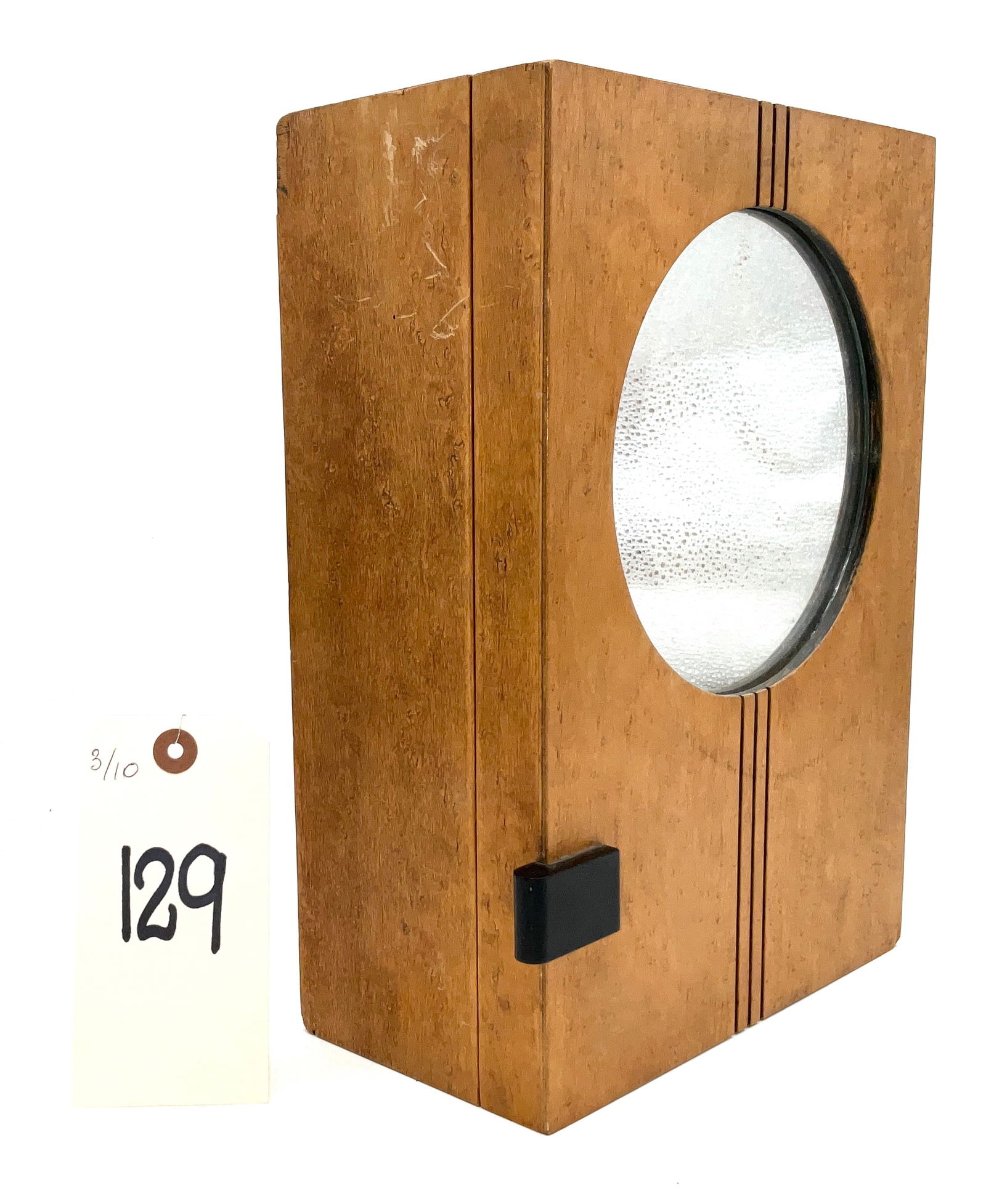 Art Deco Wood Wall Cabinet by Burton Mfg.: This vintage wall-mounted cabinet was manufactured by the American Cabinet Co. for the Burton Manufacturing Co. of Chicago and features a distinctive Art Deco-influenced design. Constructed from light