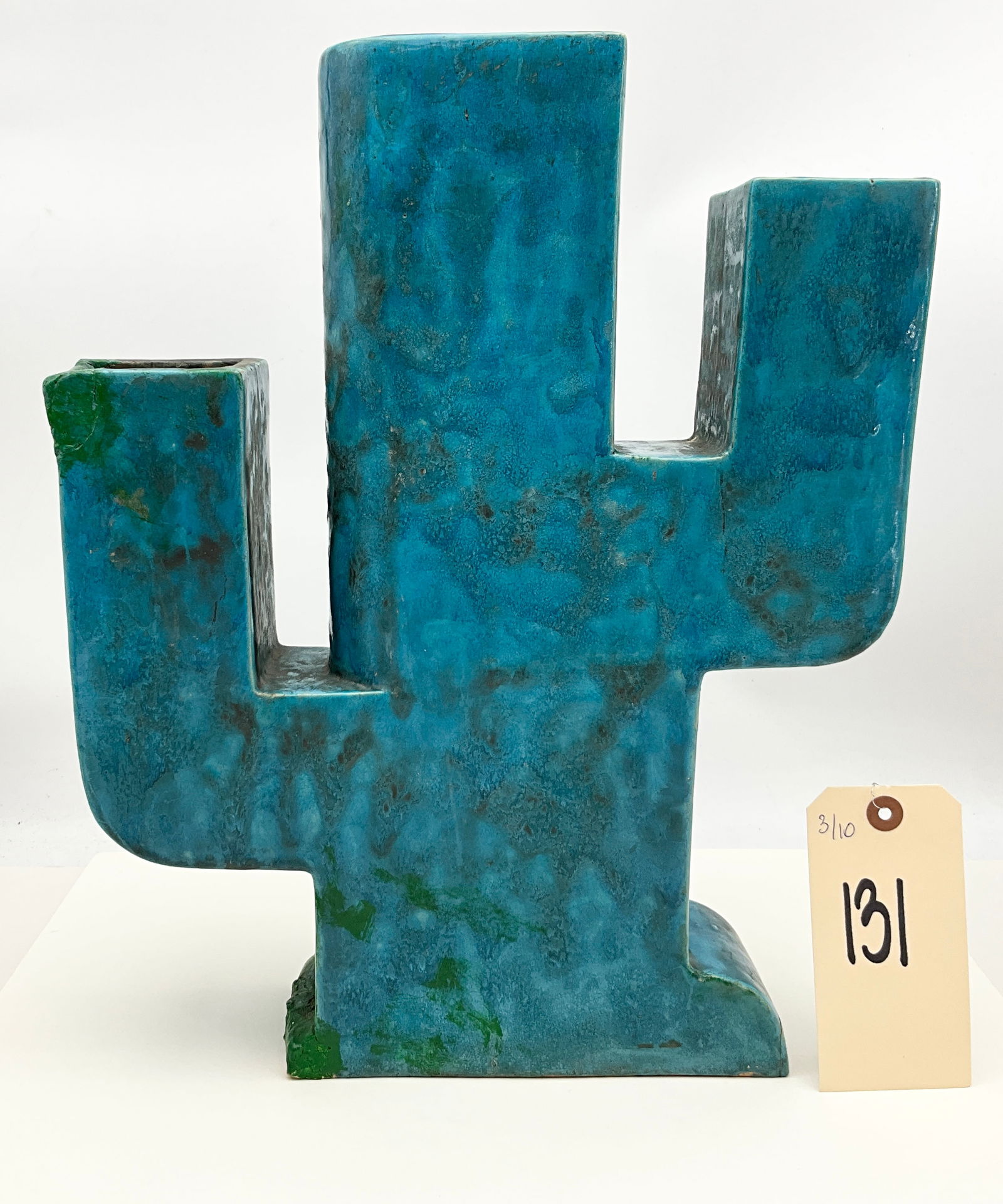 Edwin Pearson Art Deco Mottled Turquoise Ceramic Cactus Vessel: This large Art Deco ceramic vessel by Edwin Pearson is designed as a stylized cactus finished in a thick, mottled turquoise-blue glaze with a textured, speckled surface. Executed in New York in 1936,