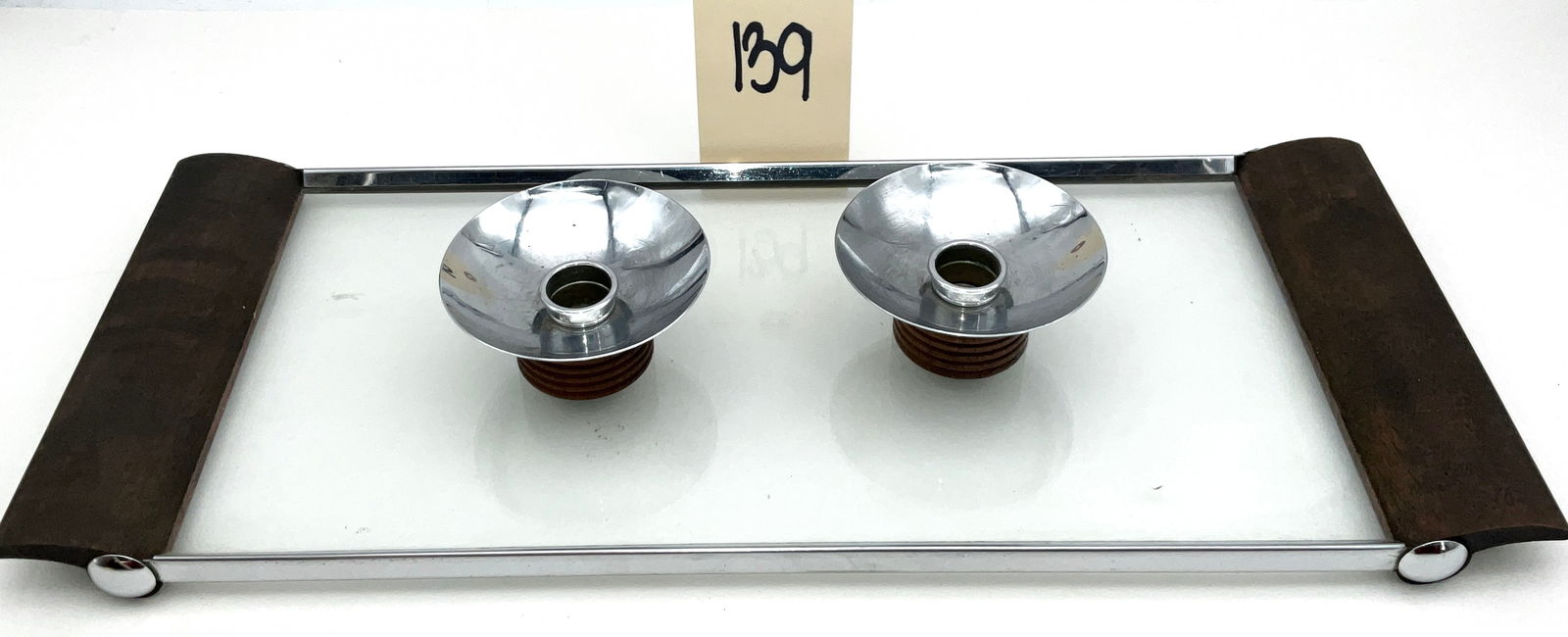 Art Deco Chase Brass and Copper Co. Chrome and Wood Tray and Candle Holder Set (1 of 4)