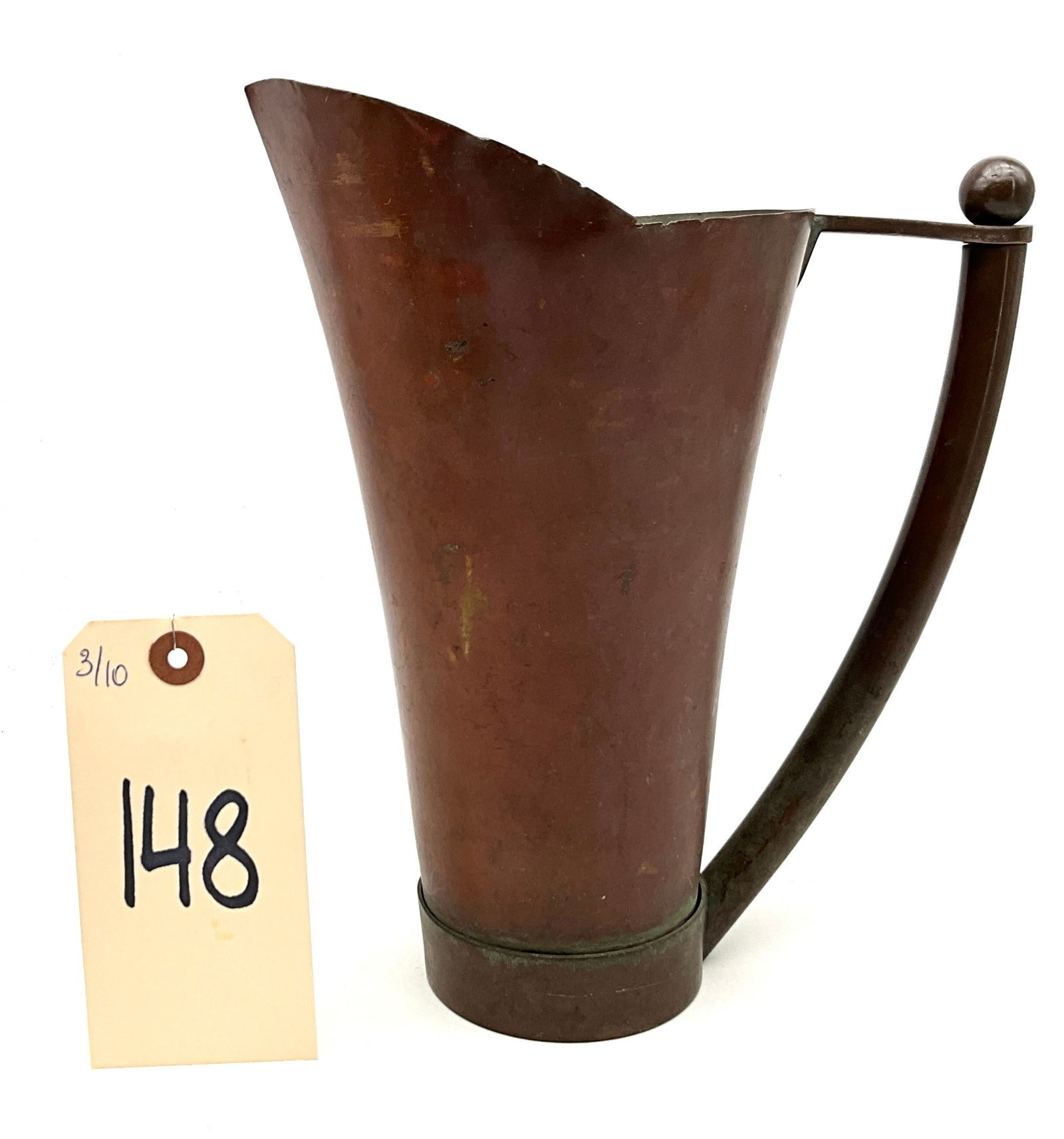Copper Art Deco Pitcher, Chase Brass and Copper Company: This Art Deco copper pitcher, known as the Gaiety cocktail mixer, was produced by the Chase Brass and Copper Company circa the 1930s. Attributed to designer Howard Reig, the piece features a spun meta