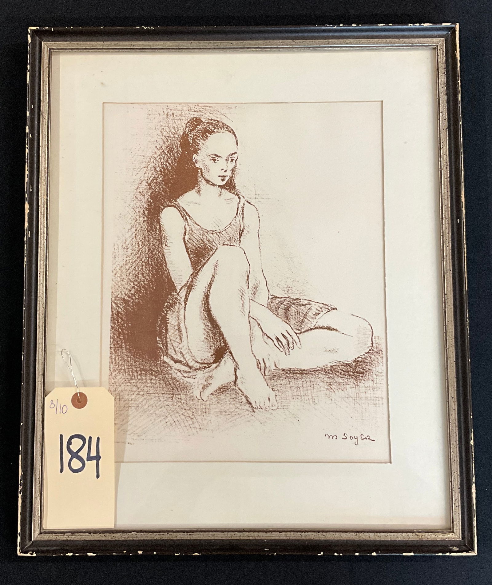 Moses Soyer Original Lithograph Mid-Century Ballet Dancer with COA: This original lithograph by Moses Soyer (American/Russian, 1899?1974) titled Ballet Dancer depicts a seated female figure in a monochromatic sanguine tone. The piece is signed in the plate at the lowe