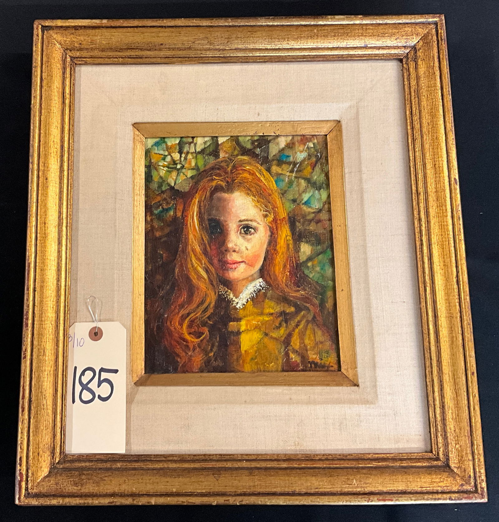 Painting on Canvas, Portrait of a Young Girl (Signed): This is an oil on canvas, depicting a portrait of a young girl with wavy auburn hair wearing a yellow dress with a white lace collar. The work is executed in an impressionistic style with heavy impast