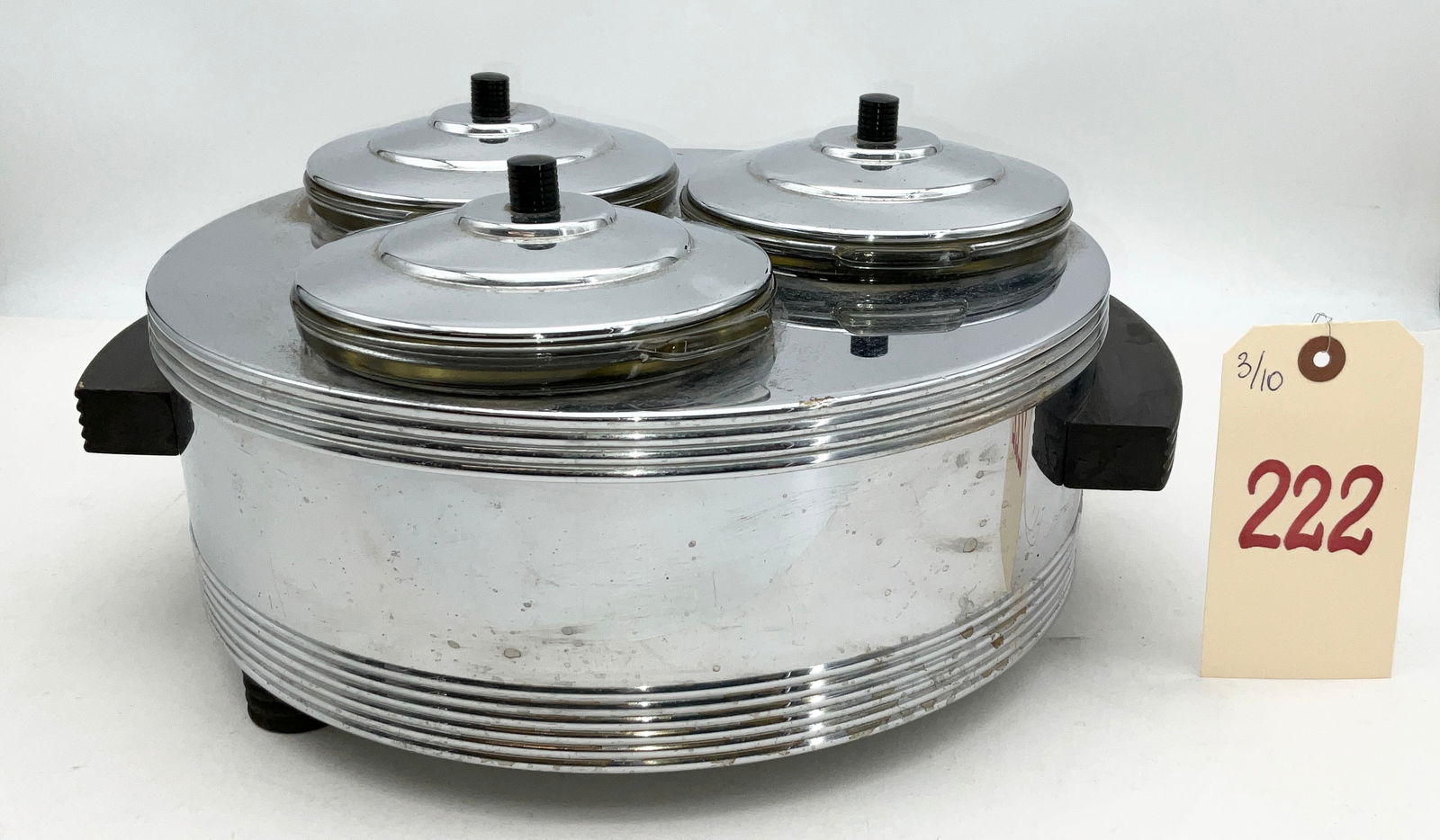 Art Deco Chase Brass & Copper Co. Chrome and Bakelite Electric Snack Server, As-is.: This Art Deco electric snack server was manufactured by the Chase Brass & Copper Co. during the 1930s. The chrome-plated body features a cylindrical Streamline Moderne design with stepped ribbing, fla