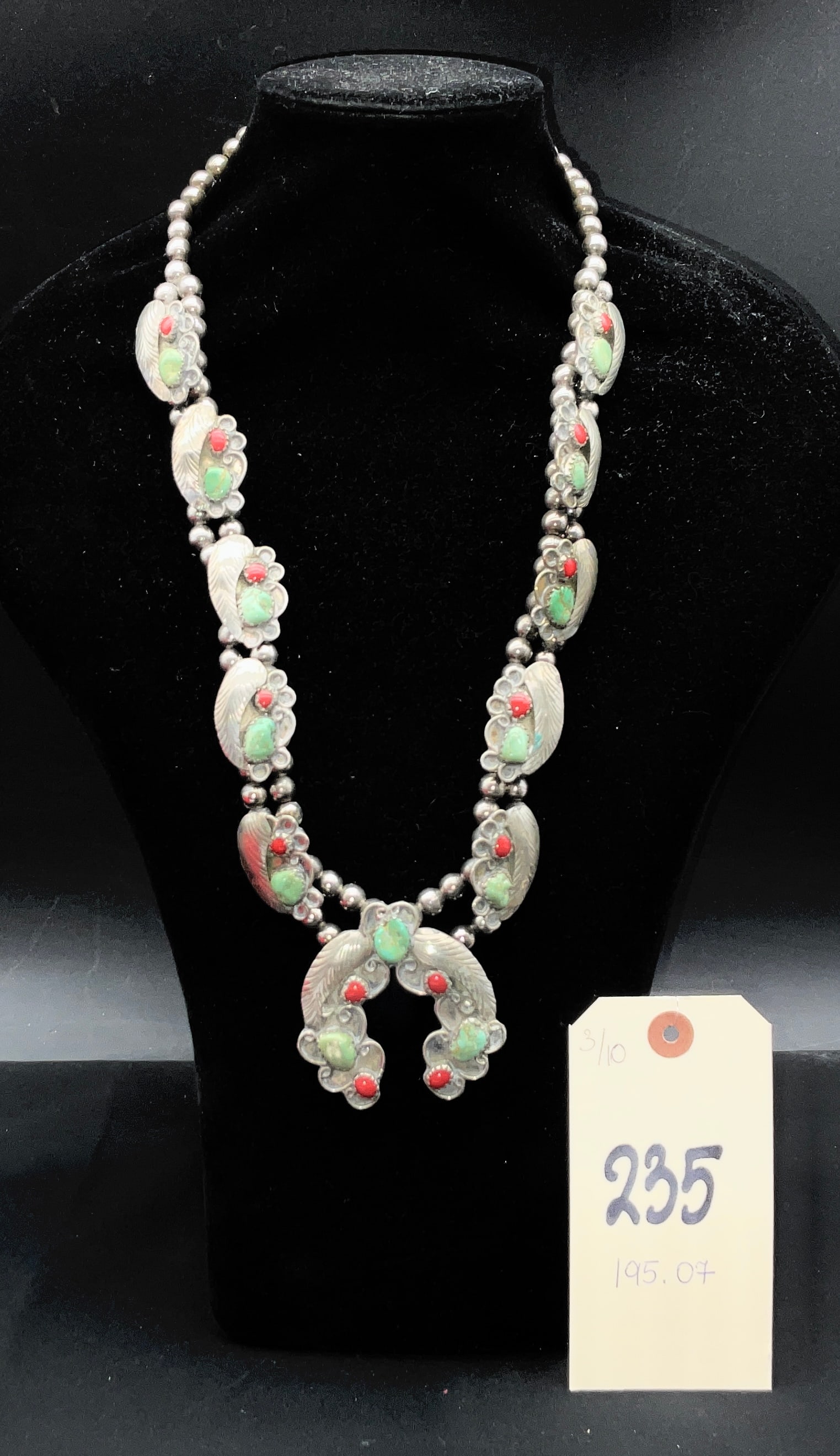 Navajo Sterling Silver Turquoise and Coral Squash Blossom Necklace, LT Mark (1 of 5)