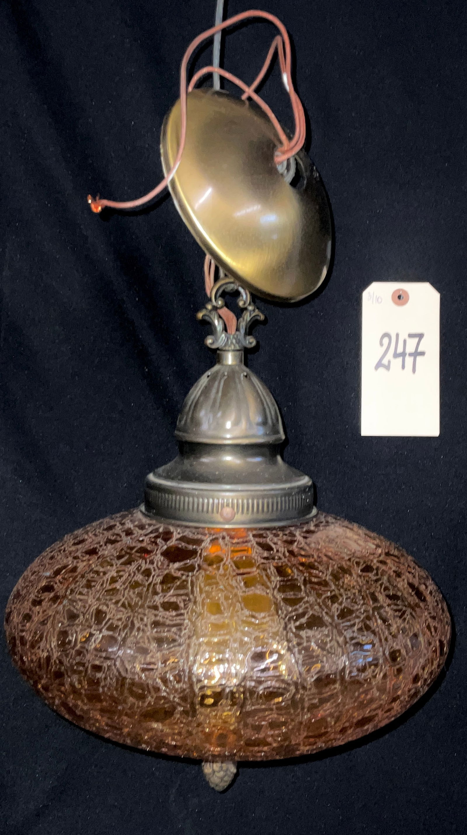 Antiqued Brass Pendant Light with Amber Crackle Glass Shade (1 of 3)