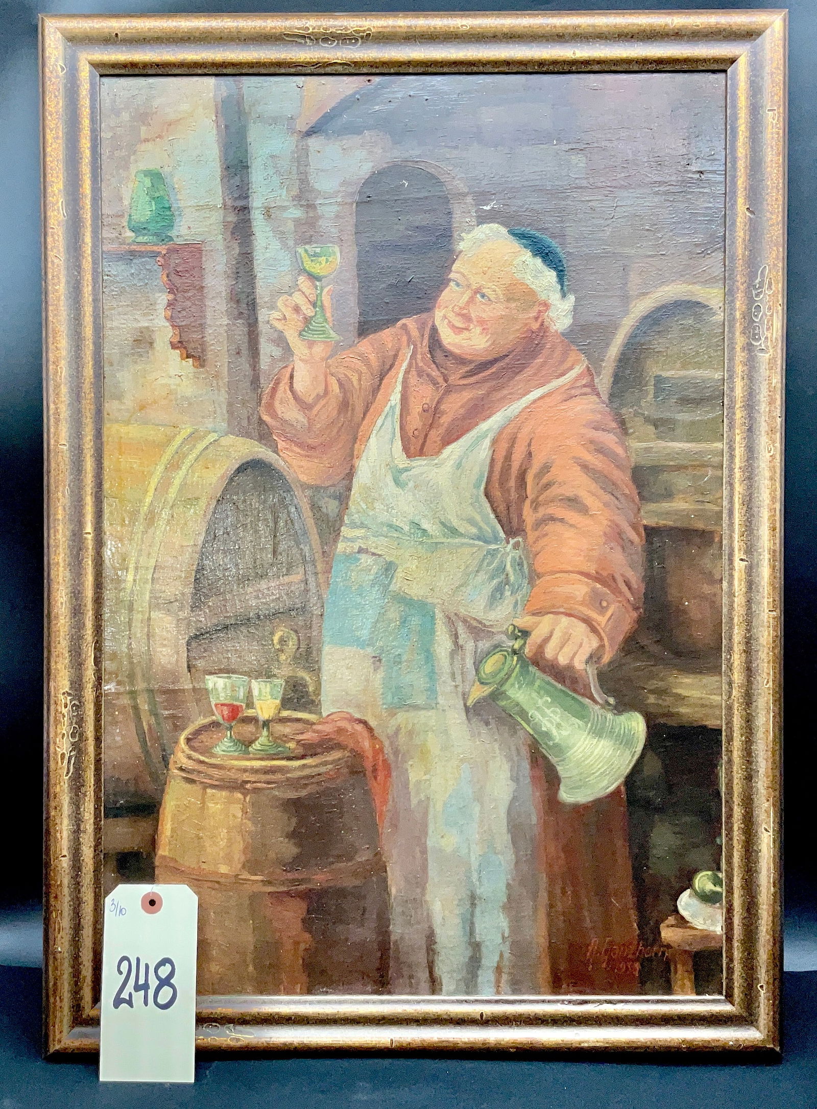 H. Ganzhorn Oil on Board After Eduard von Gr?tzner Wine Tasting Monk: This 1933 oil on board genre painting by H. Ganzhorn depicts a jovial cellar master tasting wine, a composition famously inspired by the works of Eduard von Gr?tzner. The central figure is rendered