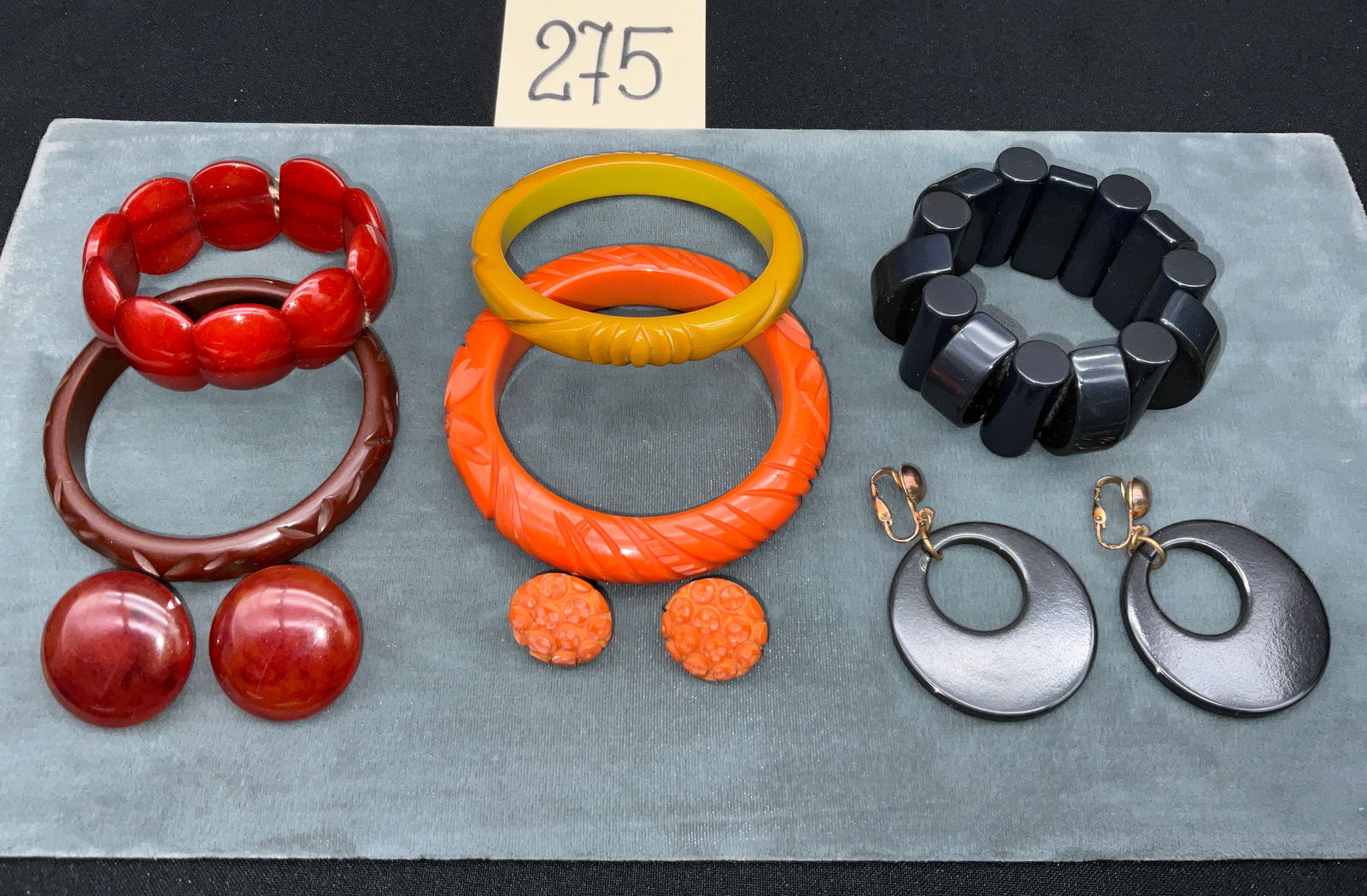 Bakelite Bangle and Stretch Bracelets, Carved and Marbled (1 of 2)