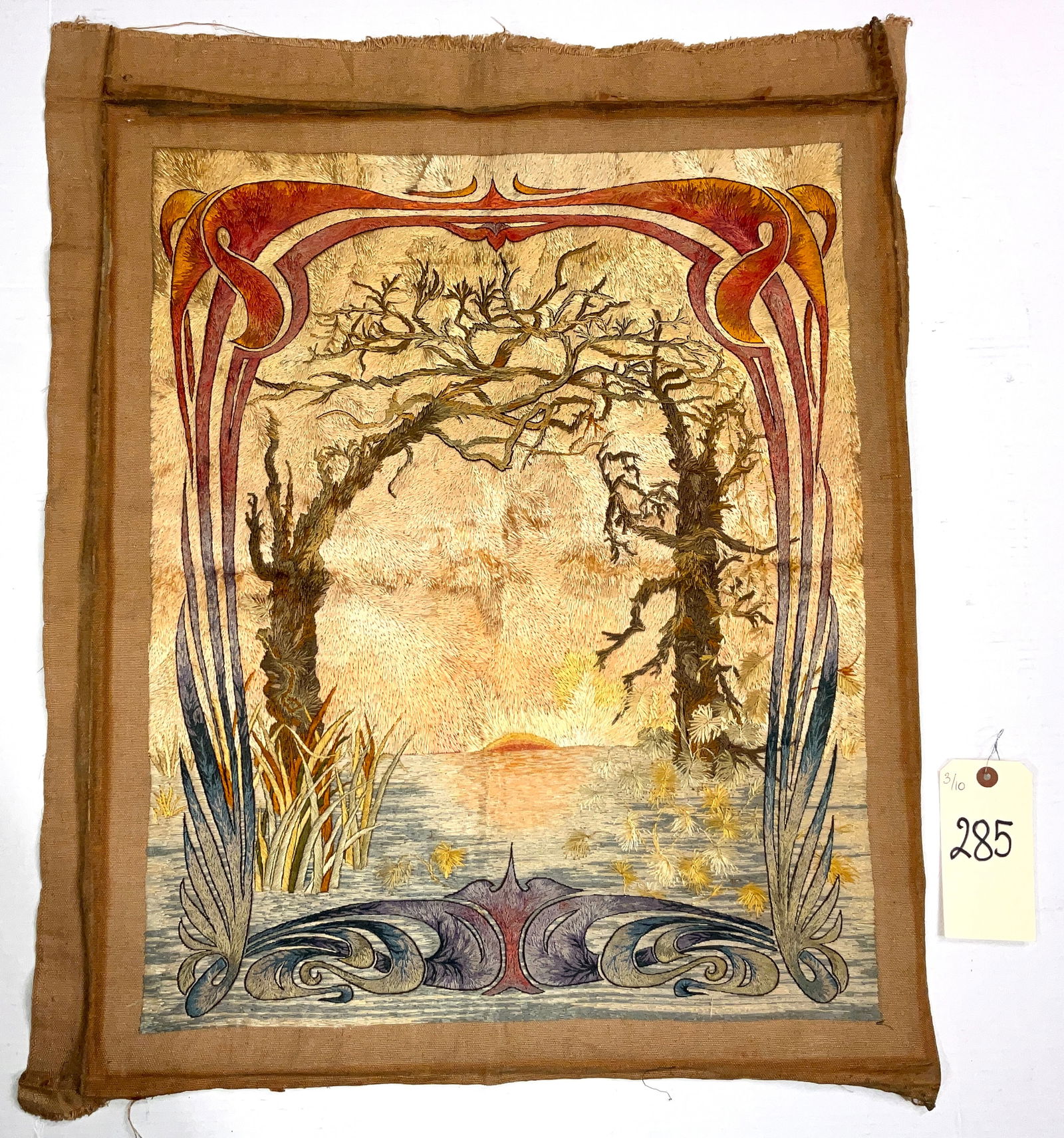 Art Nouveau Landscape, Hand-Stitched Embroidery: This intricately hand-stitched polychrome thread embroidery is executed in a decorative Art Nouveau style after a design by Anton Seder, known for his Sea Creatures series. The composition features a