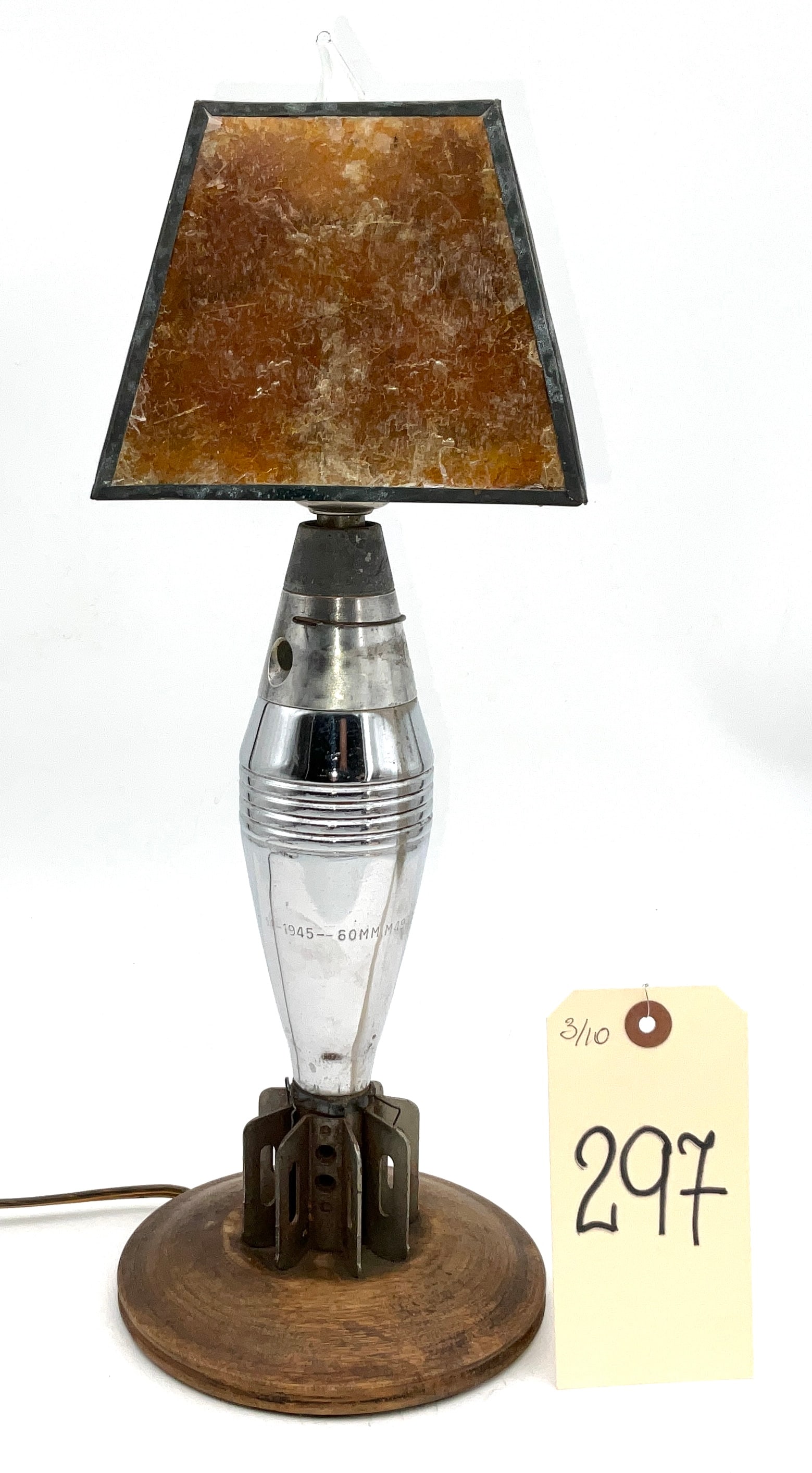 Victory Lamp, 60mm M49 Mortar Shell, Trench Art Table Lamp, Chrome-Plated Steel and Wood (1 of 5)