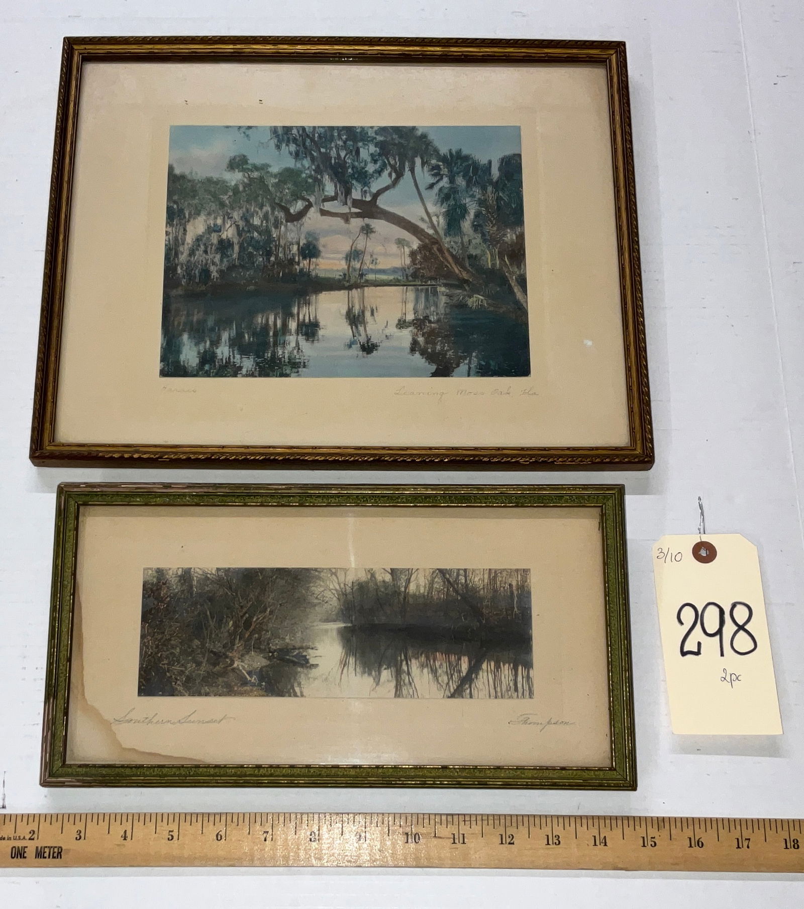 Fine Art, Florida Scenic, Hand-Colored Landscape Photographs, Harris and Thompson: This pair of Florida scenic early to mid-20th century hand-colored photographs were produced by artists W.J. Harris and Thompson. The first piece, titled Leaning Moss Oak, Fla., depicts a classic rive