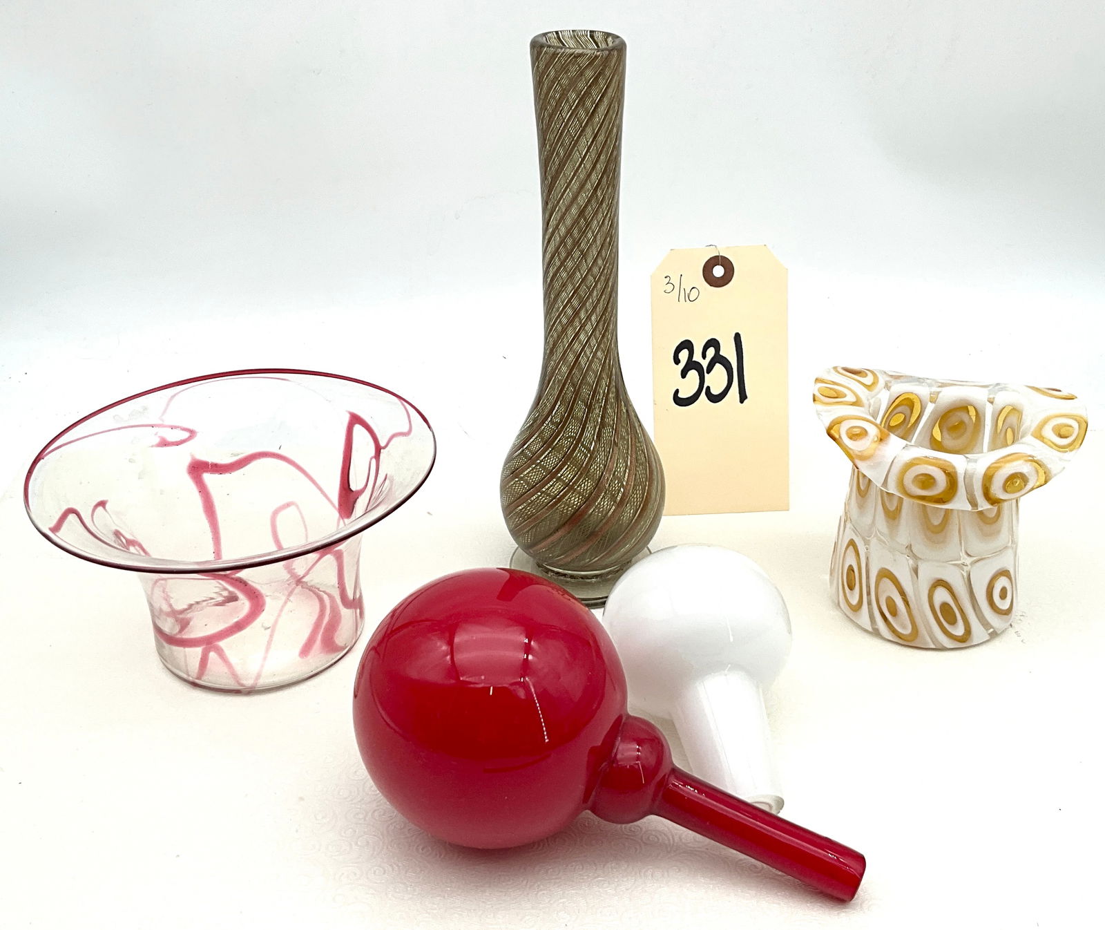 Collection of Five Mid-Century Modern Murano Style Art Glass Items: This collection of five hand-blown art glass pieces features various mid-century techniques, including a tall filigrana spiral bud vase with a polished pontil and a small vessel with amber murrine dec