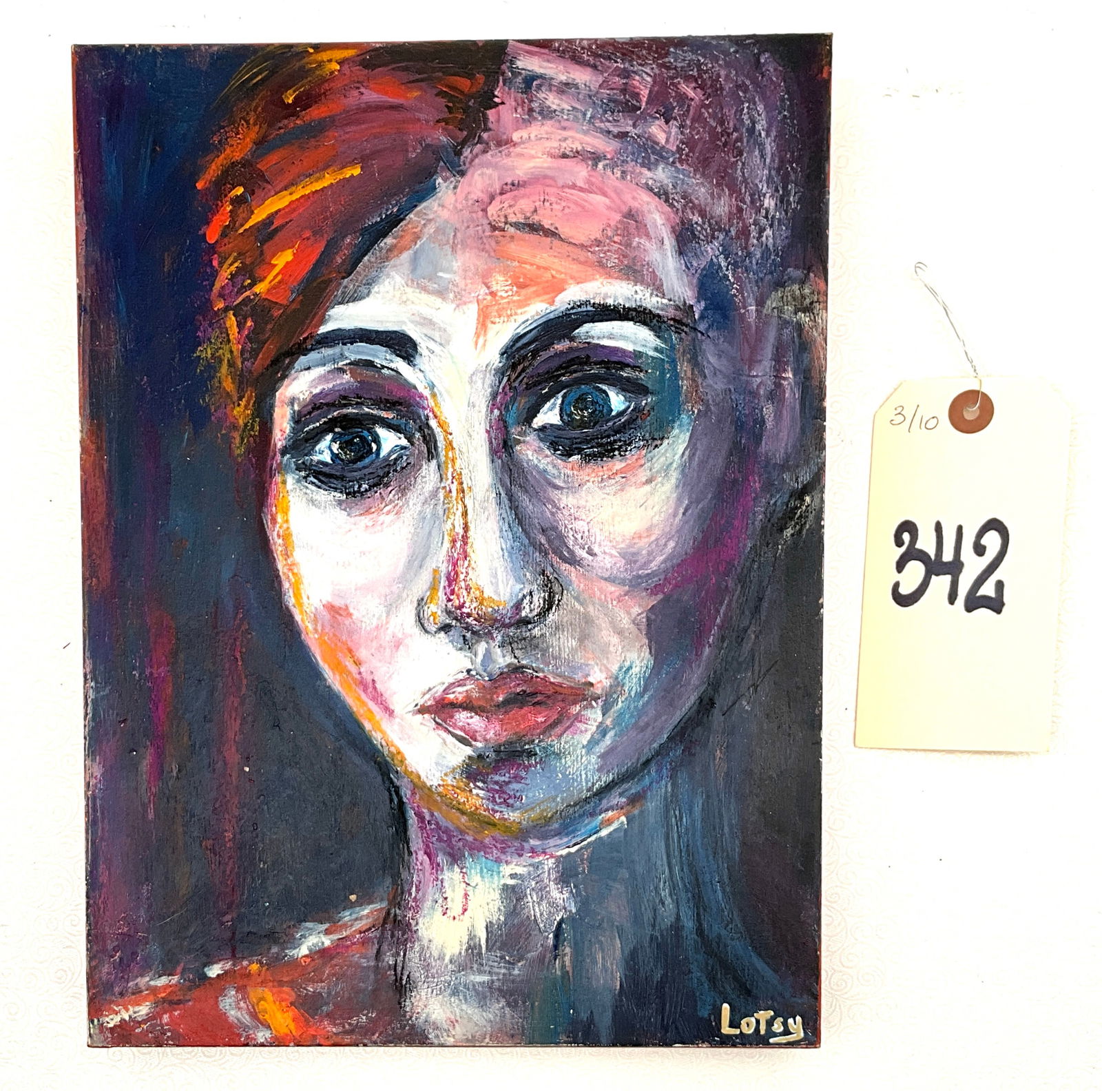 Lotsy, Expressionist Portrait of a Woman, Painting on Wood: This original expressionist portrait features a woman rendered with bold, gestural brushstrokes and a high-contrast color palette on a 9"x12" wood panel. The composition utilizes vibrant reddish-orang