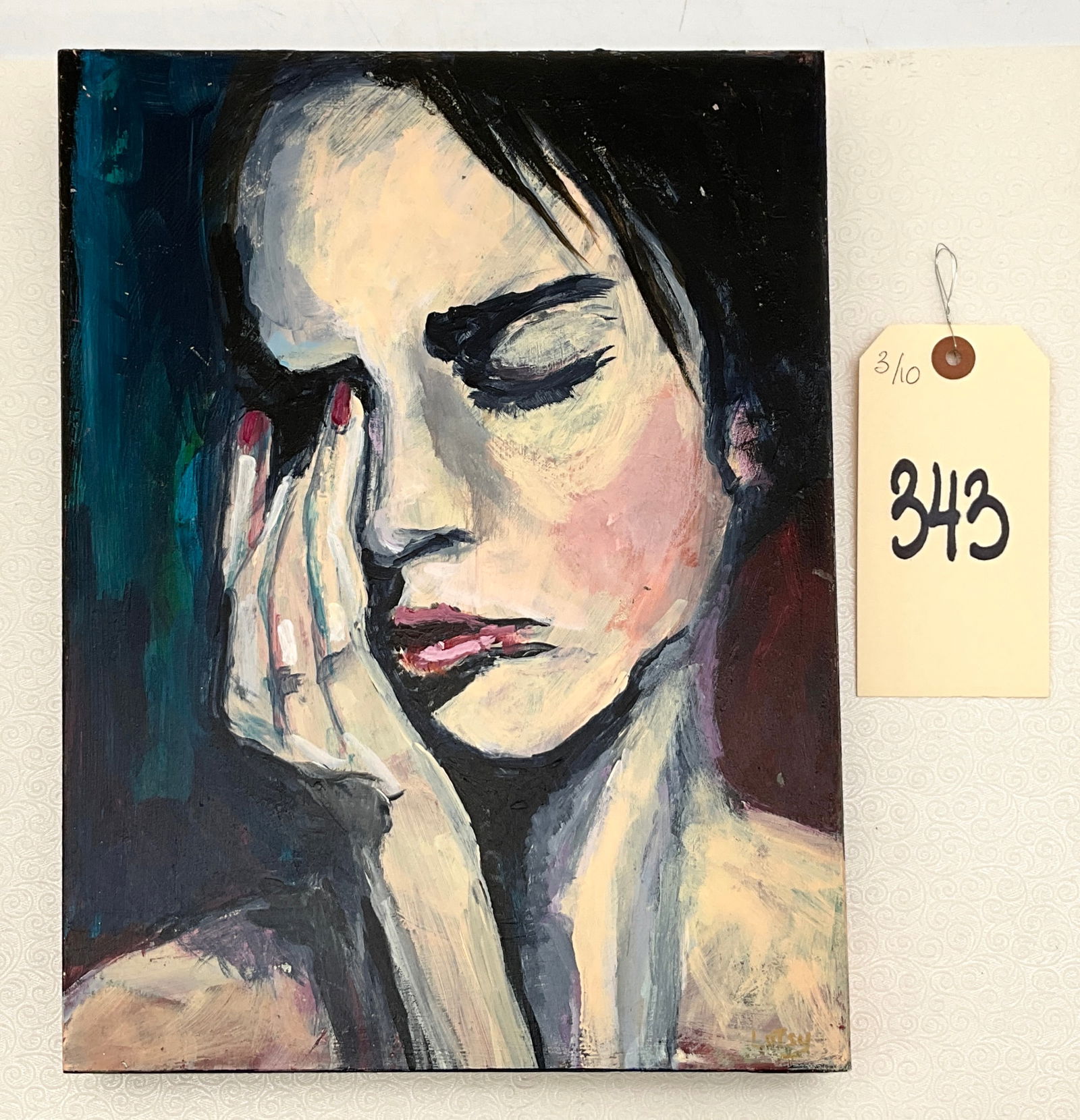 LOTSY, Expressionist Female Portrait: This contemporary expressionist portrait by an artist signed LOTSY is executed in acrylic on a deep-profile wooden panel. The work depicts a woman in an introspective pose with her eyes closed and her