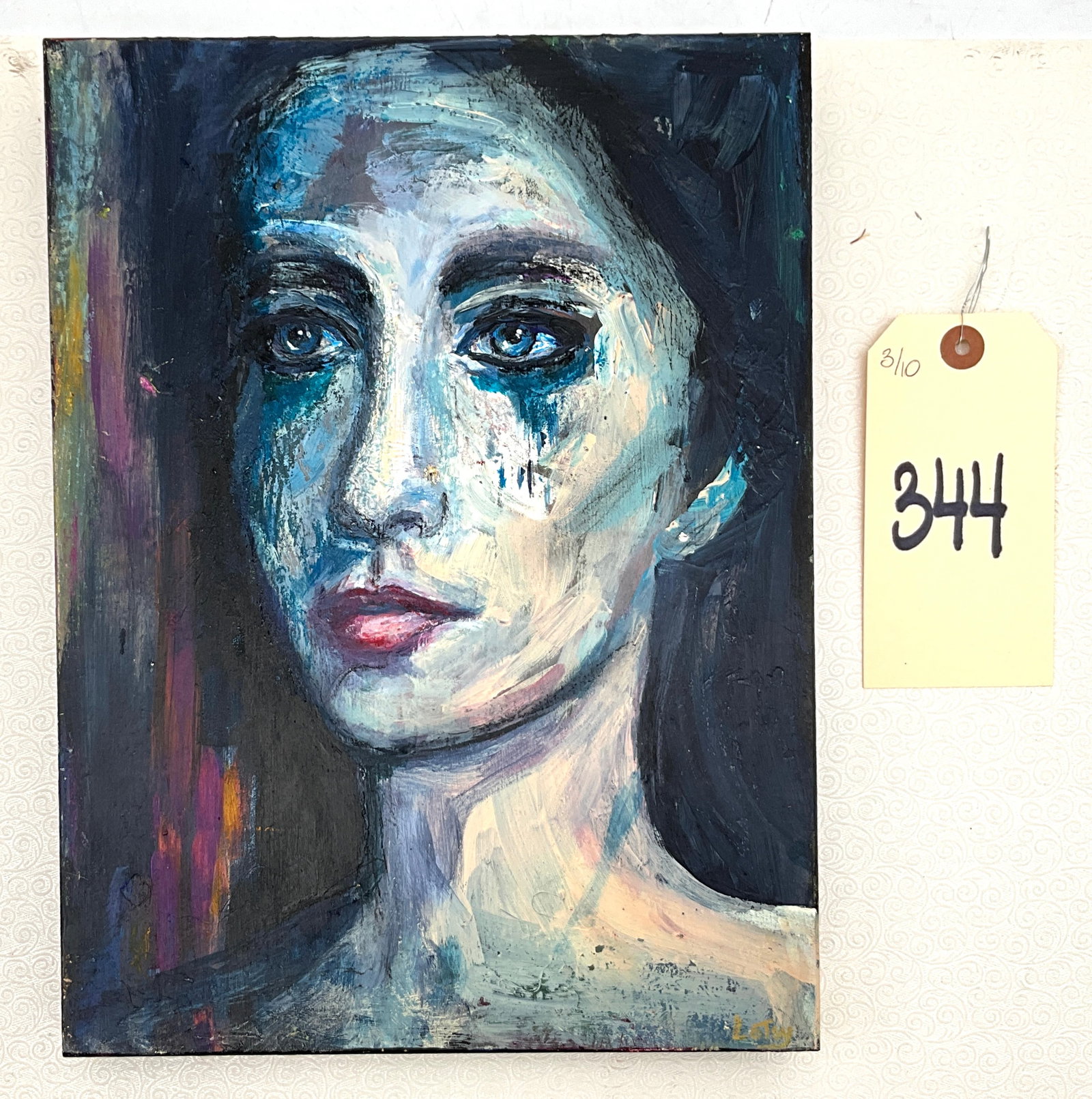 Lotsy, 'Portrait of a Woman with Blue Eyes': Lotsy, acrylic on wood panel, portrait of a woman, Neo-Expressionist style, signed Lotsy in gold-toned paint lower right, unframed. This contemporary work features a bust-length female subject rendere