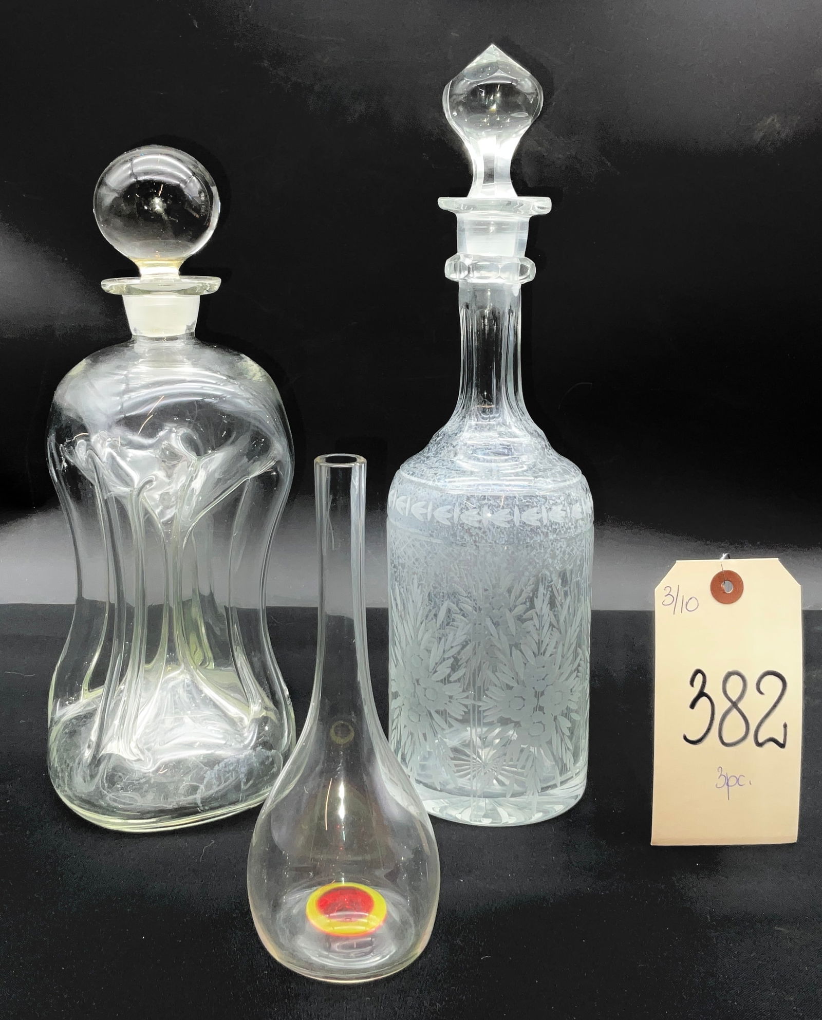 Three Clear Glass Vessels Including Pinched Decanter and Etched Floral Decanter (1 of 3)