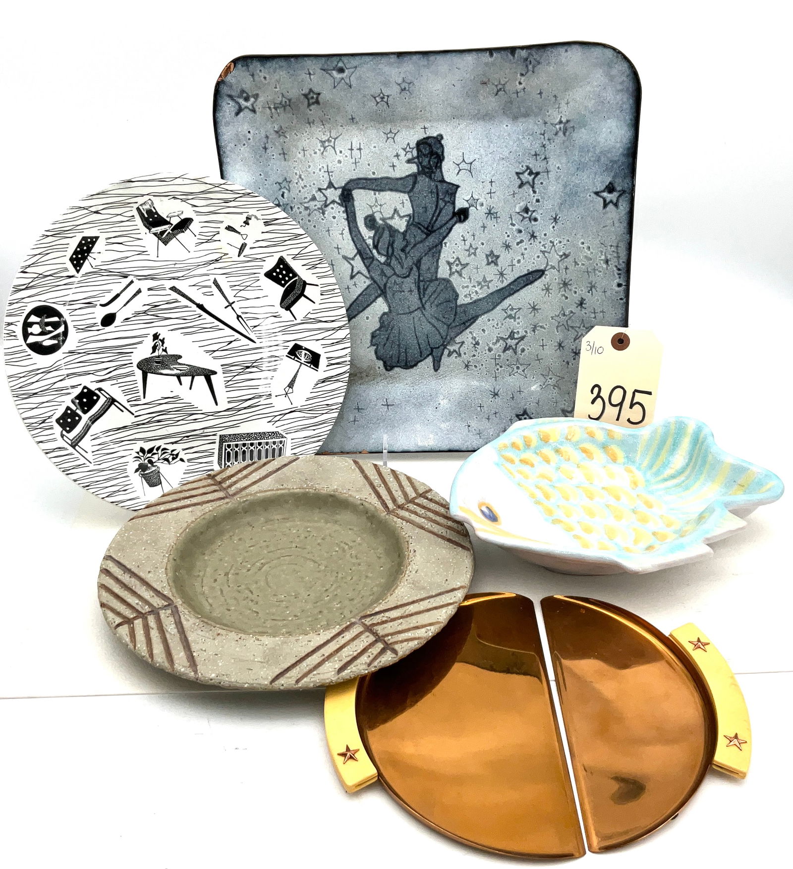 Mid-Century Modern and Vintage Decorative Arts Collection including Rorstrand, Ridgway, and Chase: This curated collection of mid-century modern decorative arts features a large square enameled copper platter with a dancing couple motif marked with an FL monogram. The group includes a Ridgway Potte