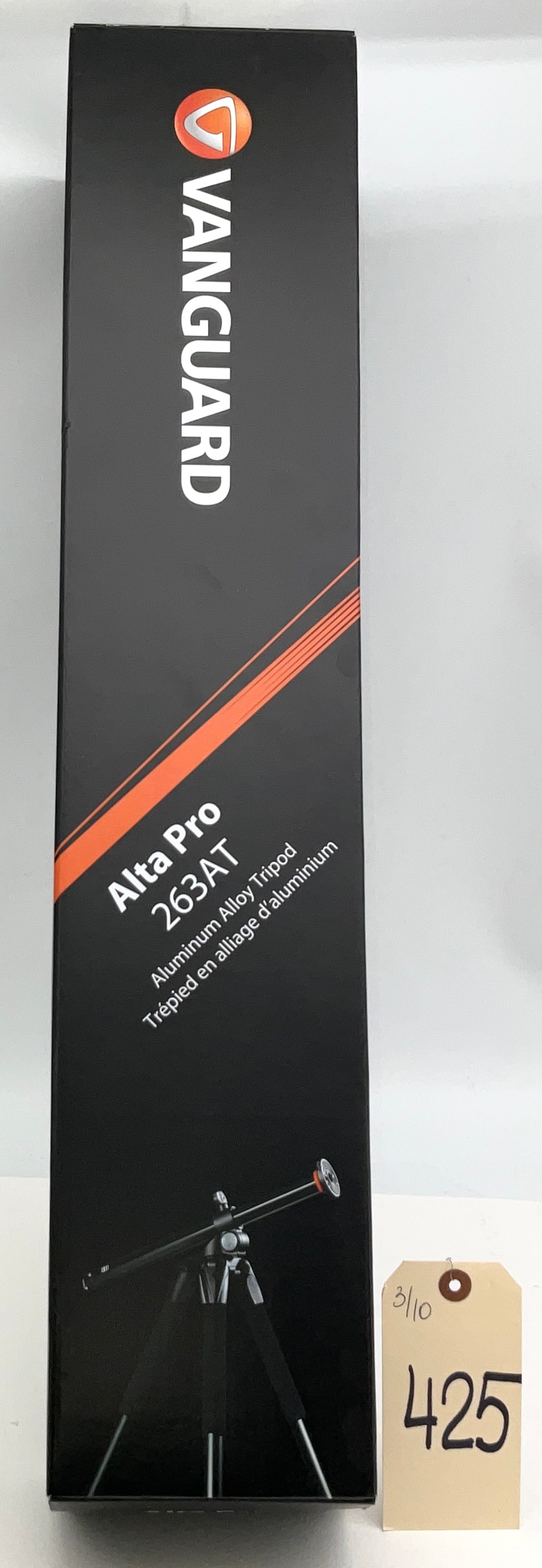 Vanguard Alta Pro 263AT Aluminum Alloy Tripod with Multi-Angle Central Column: Vanguard Alta Pro 263AT tripod legs, serial number not visible on packaging, designed for DSLR and electronics systems. This aluminum alloy tripod features a magnesium alloy canopy and a Multi-Angle C